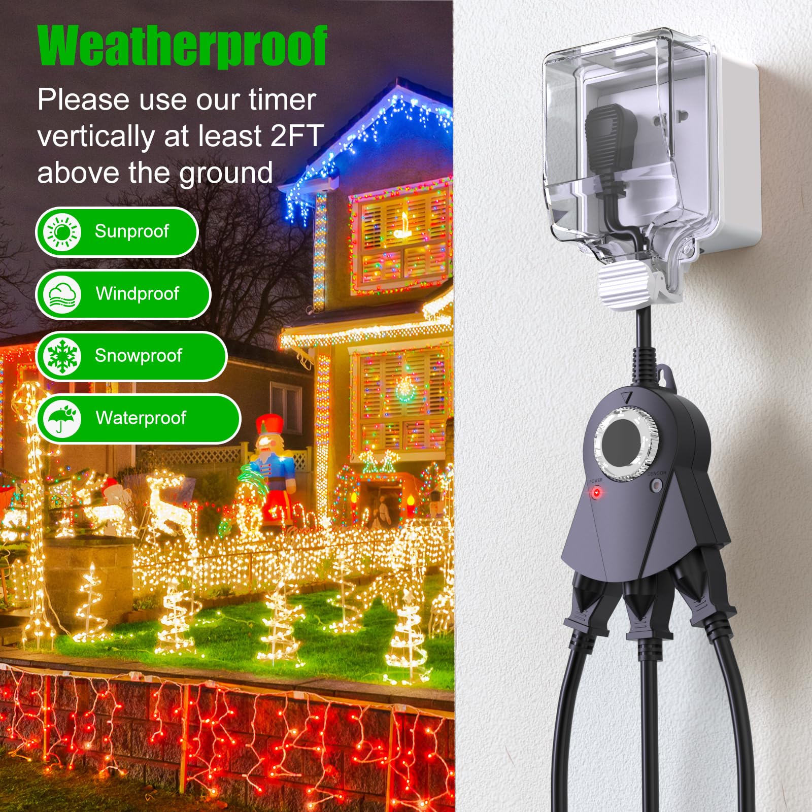 Outdoor Light Sensor Timer - 24 Hour Heavy Duty Waterproof Electrical Outlet Timer with 2/4/6/8 Hour Countdown Mode, 3 Grounded Outlets for Garden, Backyard & Home Use (2 Pack) - Perfect for Landscape Lighting, Holiday Decorations & Automatic Irrigation Systems