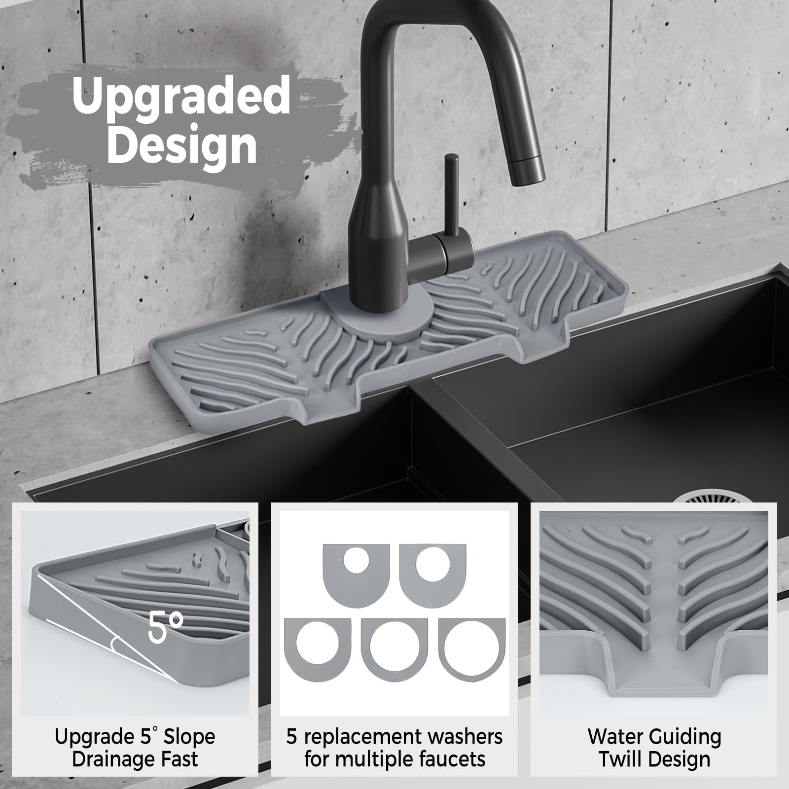 **Non-Slip Silicone Faucet Splash Guard - 15 Inch Kitchen Sink Protector with 5 Adjustable Rubber Rings, Light Gray Sink Mat for Water Splash Prevention - Perfect for Kitchen & Bathroom Sinks (Ideal for Washing Dishes, Brushing Teeth & Handwashing)**
