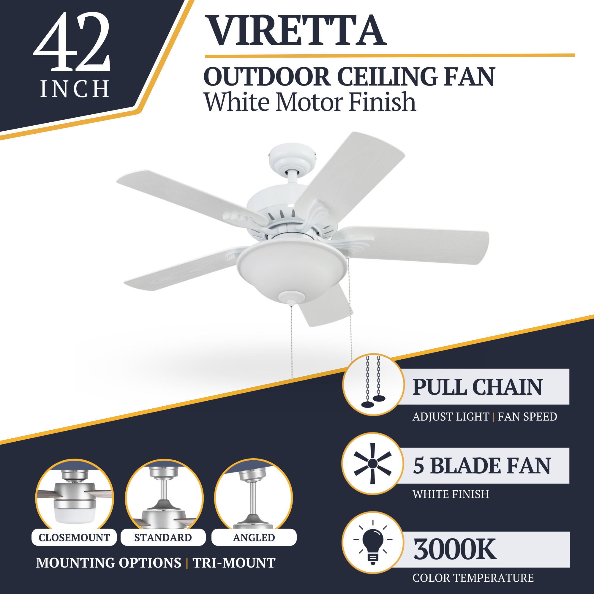 42 Inch Viretta White Ceiling Fan with Pull Chain - Indoor/Outdoor Use for Living Room, Bedroom, Patio & Porch