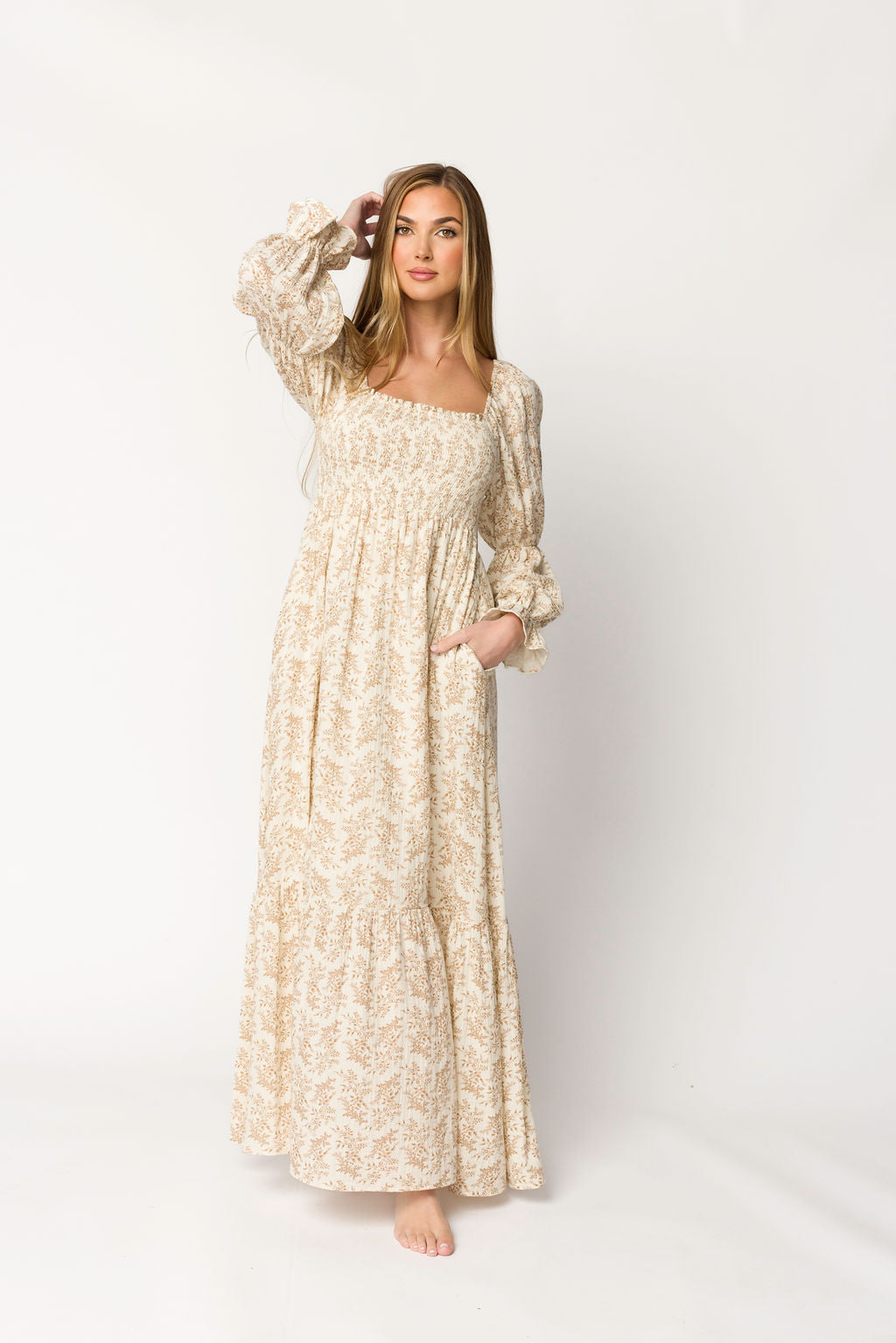 Emerson 100% Cotton Gauze Maxi Dress - Natural/Tan Floral Print, Bump Friendly Maternity Dress for Women | Boho Summer Beach Dress, Pregnancy Photoshoot, Casual Outfit