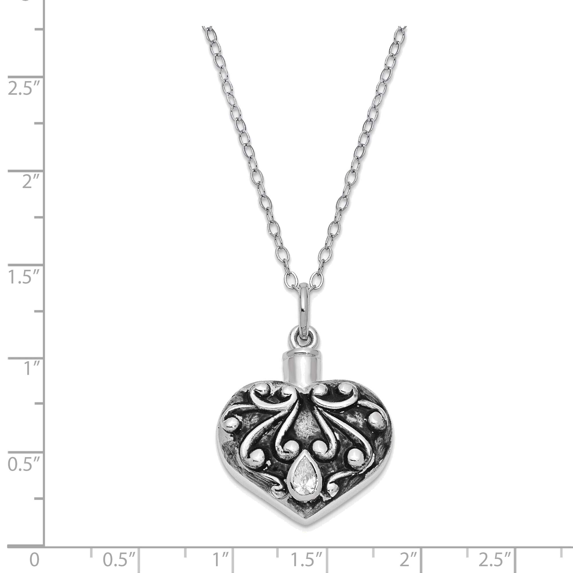 Bonyak Sterling Silver Antique CZ Heart Memorial Necklace - 18 Inch Cremation Jewelry for Ashes Keepsake, Perfect for Remembrance & Sympathy Gifts