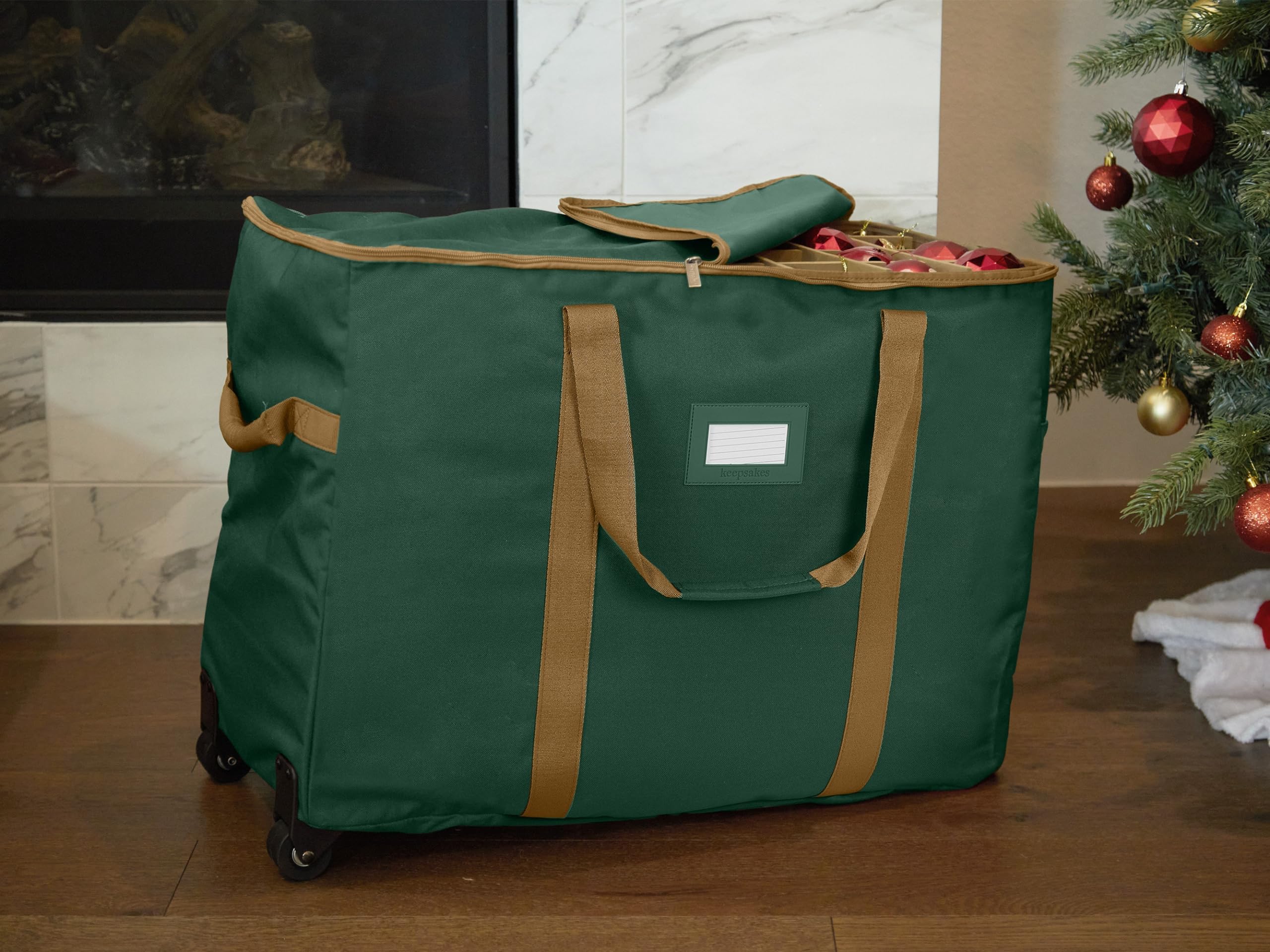 Covermates Keepsakes Rolling Adjustable Ornament Storage Bag with Carrying Handles - Padded Protection & Dual Wheels for Holiday Decorations (Green) - Perfect for Christmas Tree Ornaments, Holiday Decor Storage & Seasonal Organization