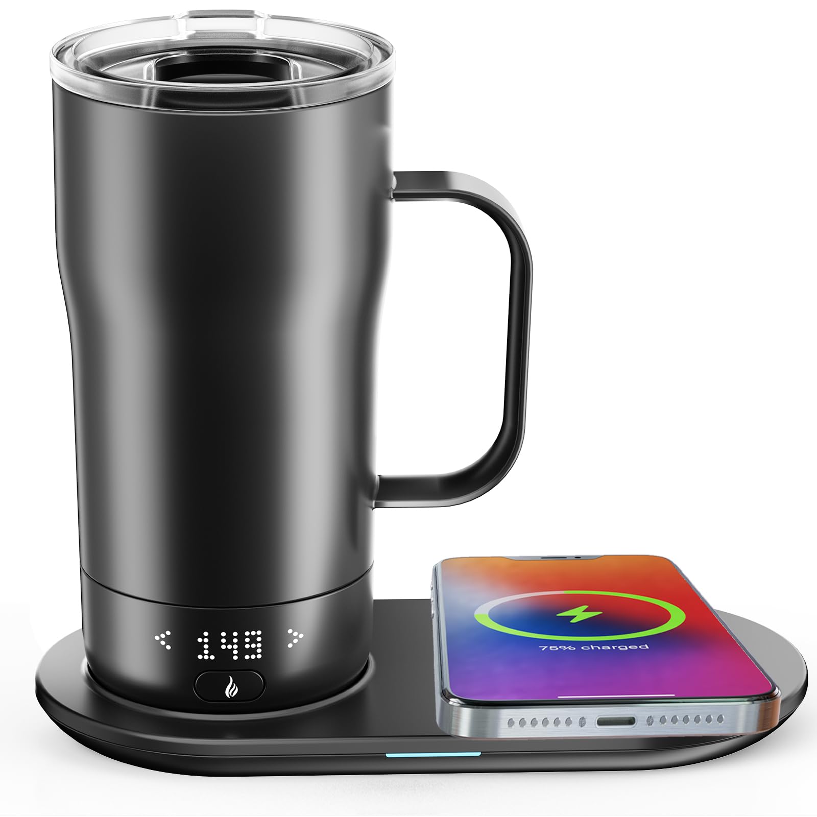 Smart Self Heating Coffee Mug 18 Oz - Temperature Control & App Controlled Warmer Mug with LED Display - Keeps Coffee Hot for 5-10 Hours - Fast Wireless Charger Base (Dull Black) - Perfect for Office, Travel & Home Use