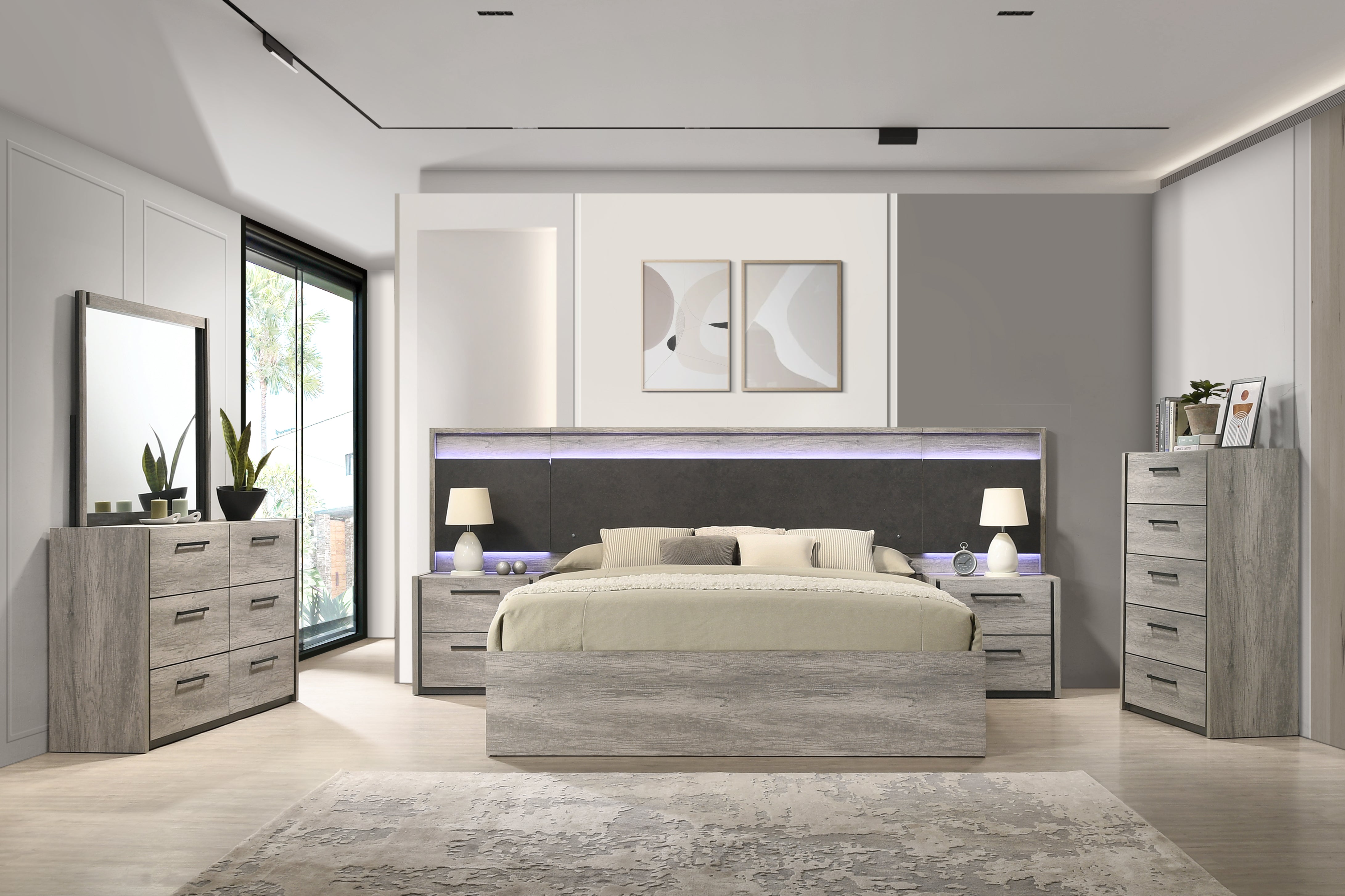 Roundhill Furniture Lenca LED Wallbed Collection - Weathered Gray Queen Size Space-Saving Murphy Bed with Built-In Lighting | Perfect for Small Apartments, Guest Rooms & Studio Living