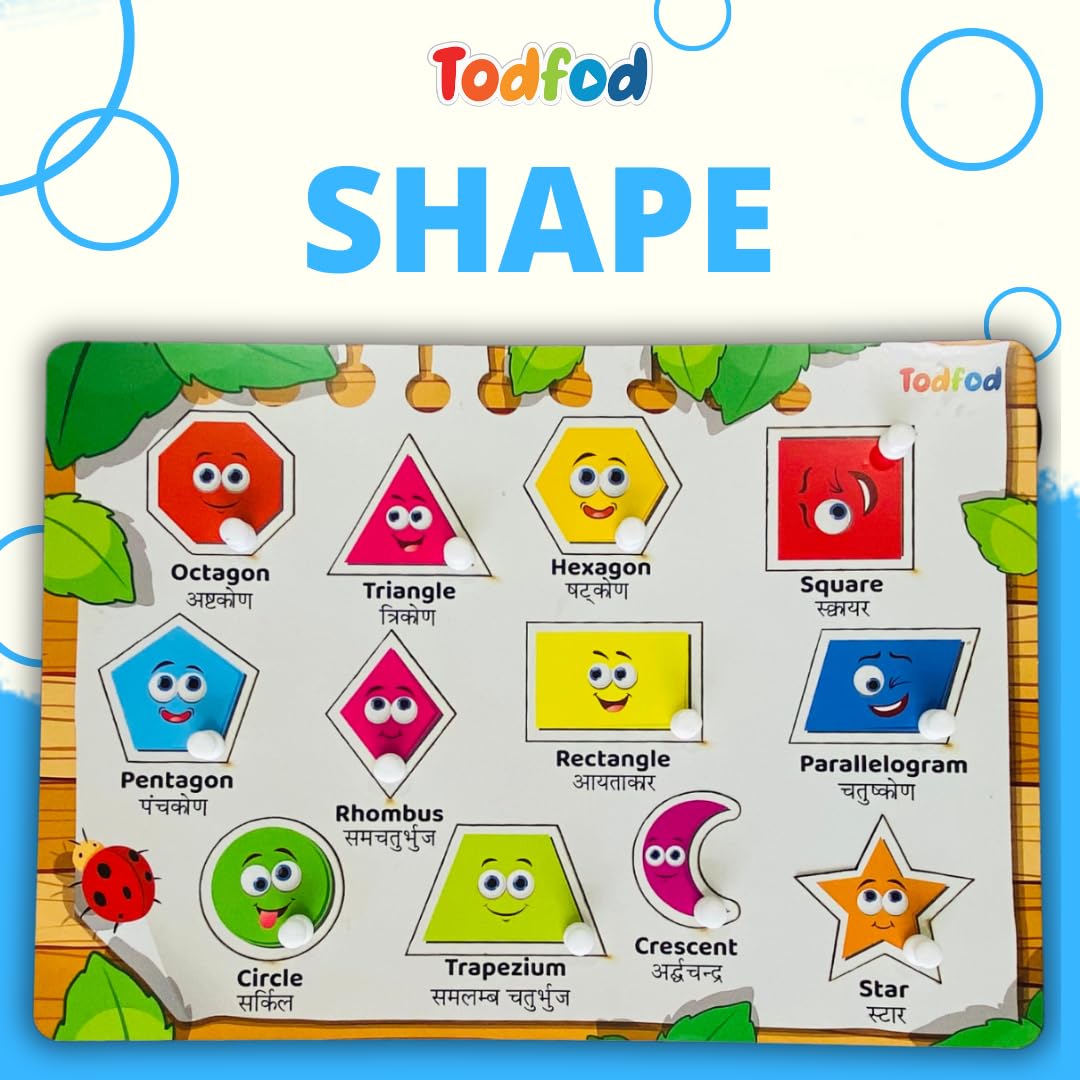 TodFod Wooden Geometric Shape & Color Puzzle Toy for Kids - 6 Shapes Matching Learning Educational Board Game with Knob | Montessori Toddler Toy for Early Childhood Development & Homeschooling