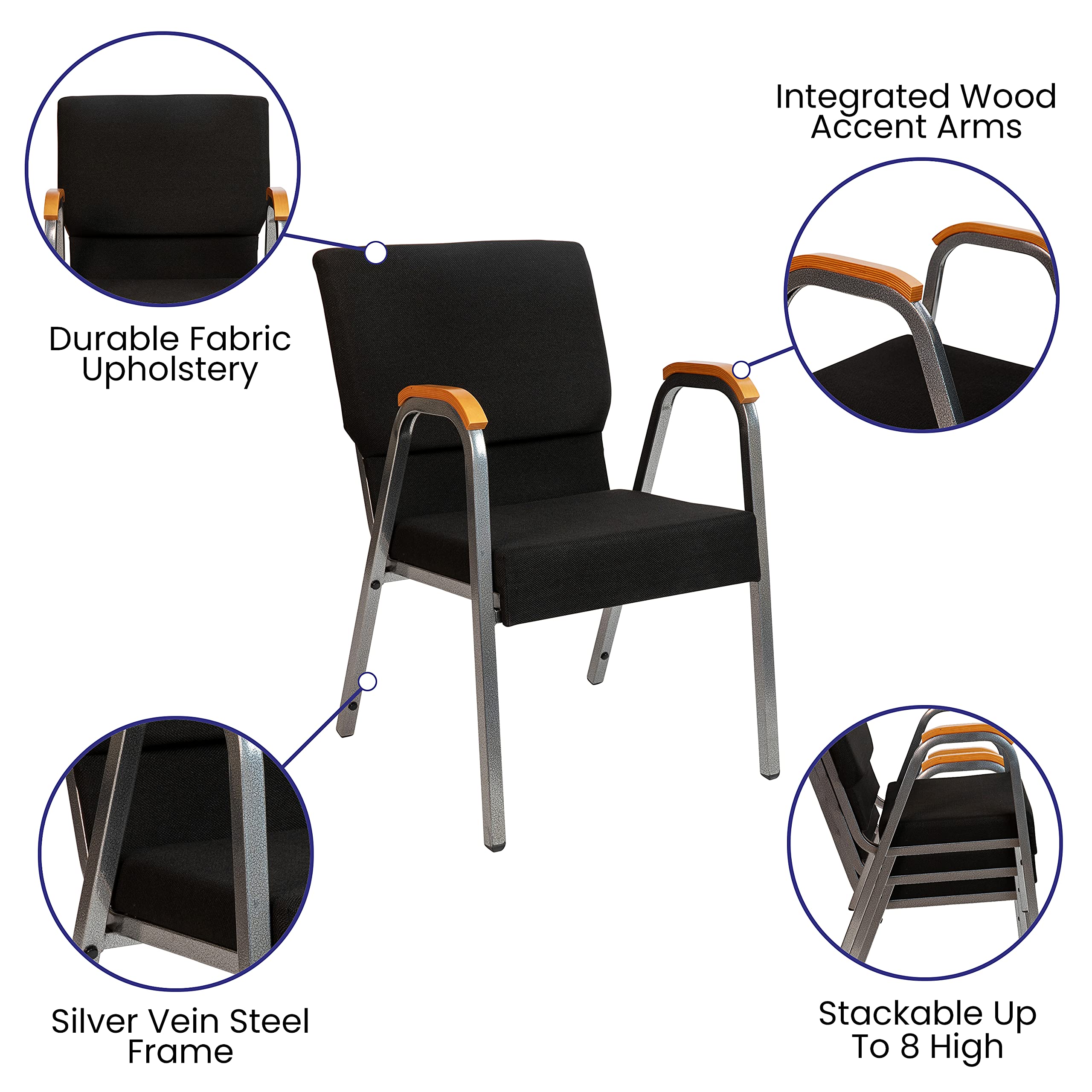 EMMA + OLIVER 21 Inch Black Fabric Stackable Church Chair with Silver Vein Frame Arms - Perfect for Weddings, Events & Religious Gatherings