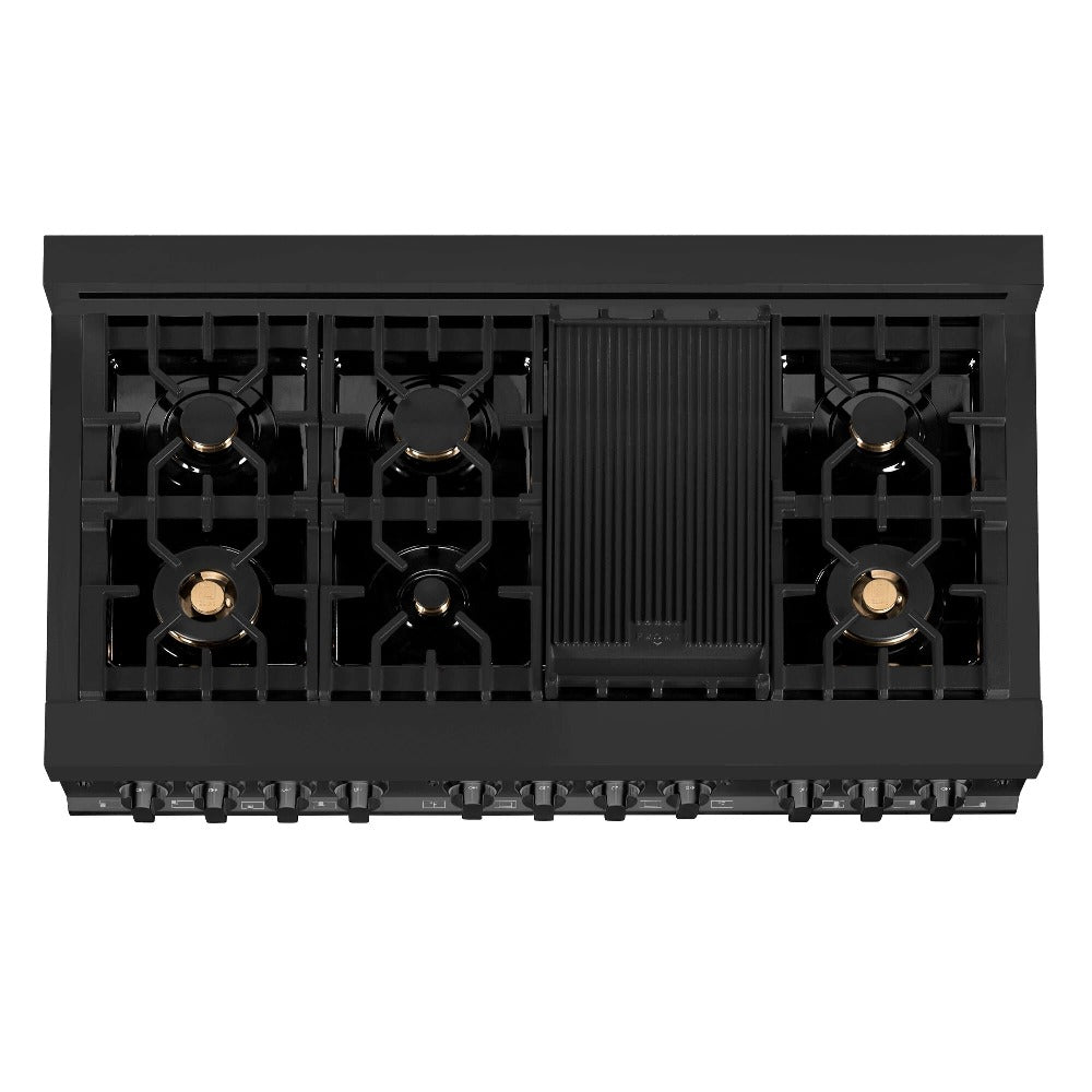 ZLINE 48-Inch Black Stainless Steel Kitchen Package - 5KPR Dual Fuel Range, RABRH48 Range Hood, MWDWV Microwave Drawer & 24