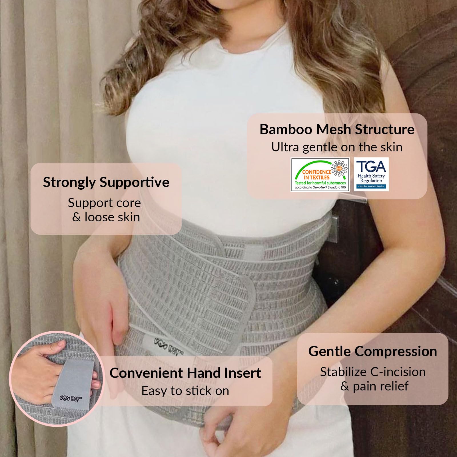 Mamaway Postpartum Belly Band - Adjustable C-Section Belly Binder & Abdominal Support Girdle for Postnatal Recovery, Back Pain Relief - Made with Bamboo Charcoal Fiber (Perfect for Postpartum Healing, C-Section Recovery & Daily Comfort)