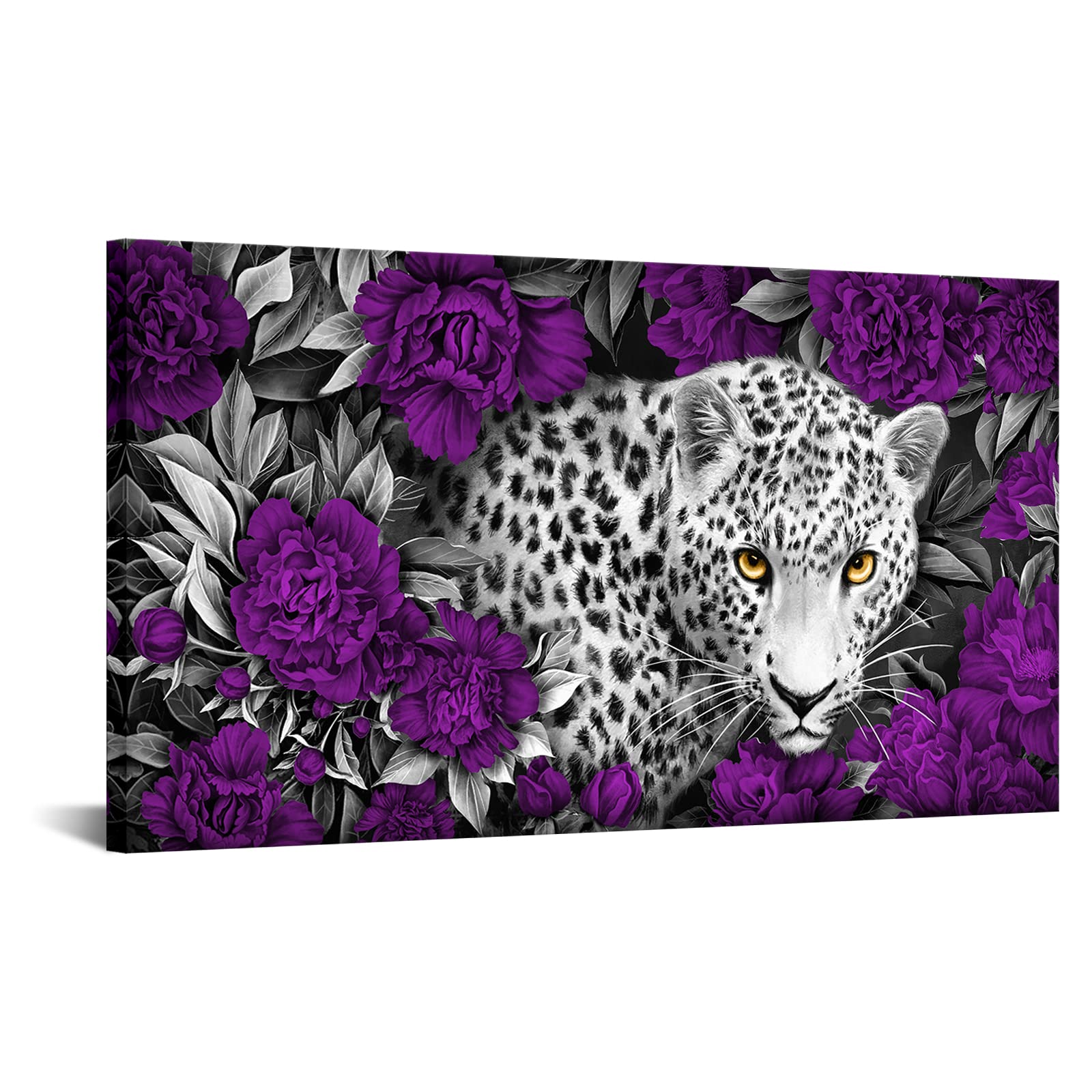 Leopard Floral Canvas Art - Purple Flower Wildlife Painting for Living Room & Bedroom Decor