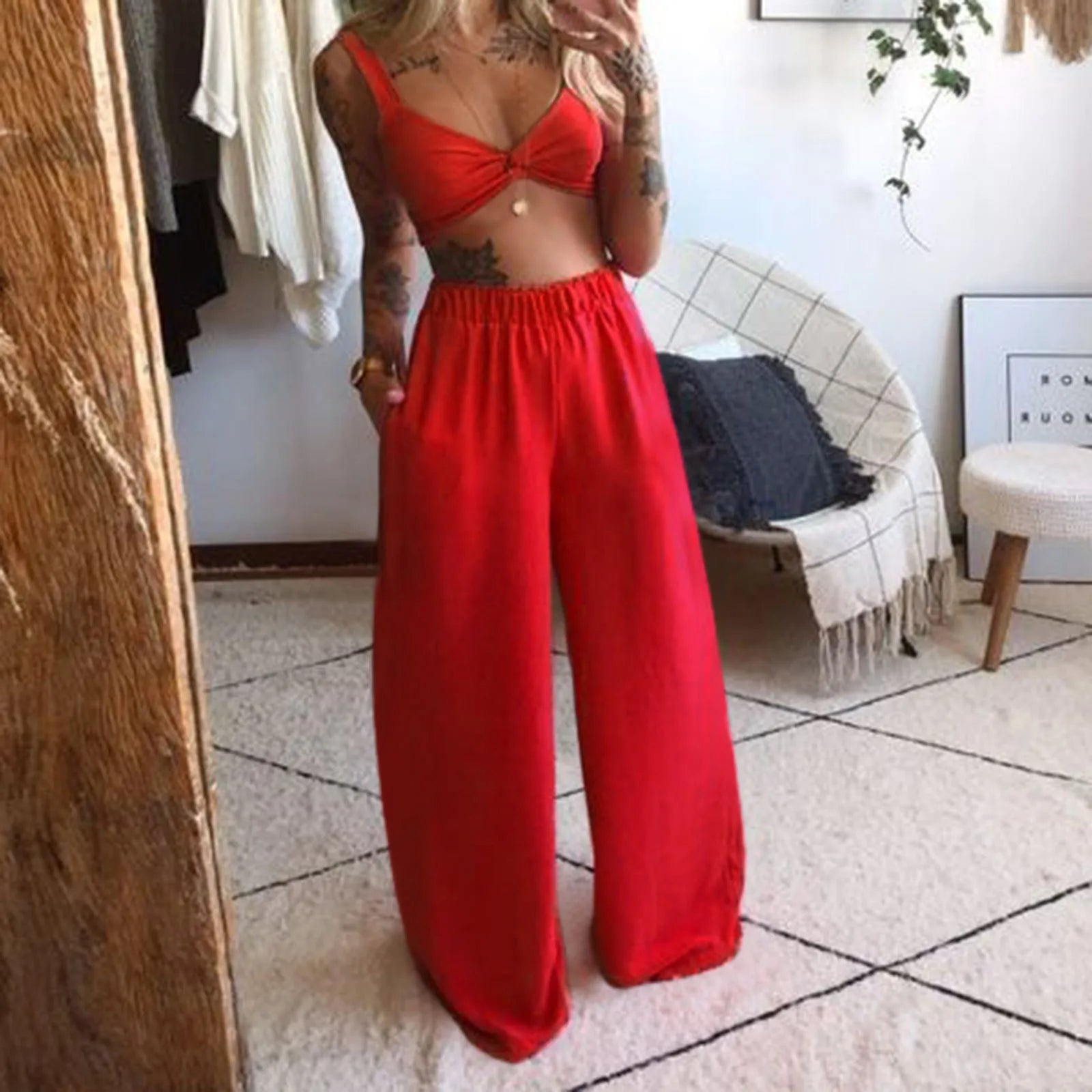 2 Piece Women's Boho Beach Outfit Set - Sleeveless Crop Top & Wide Leg Pants Summer Casual Two Piece Suit for Women | Perfect for Beach Vacations, Music Festivals & Summer Street Style