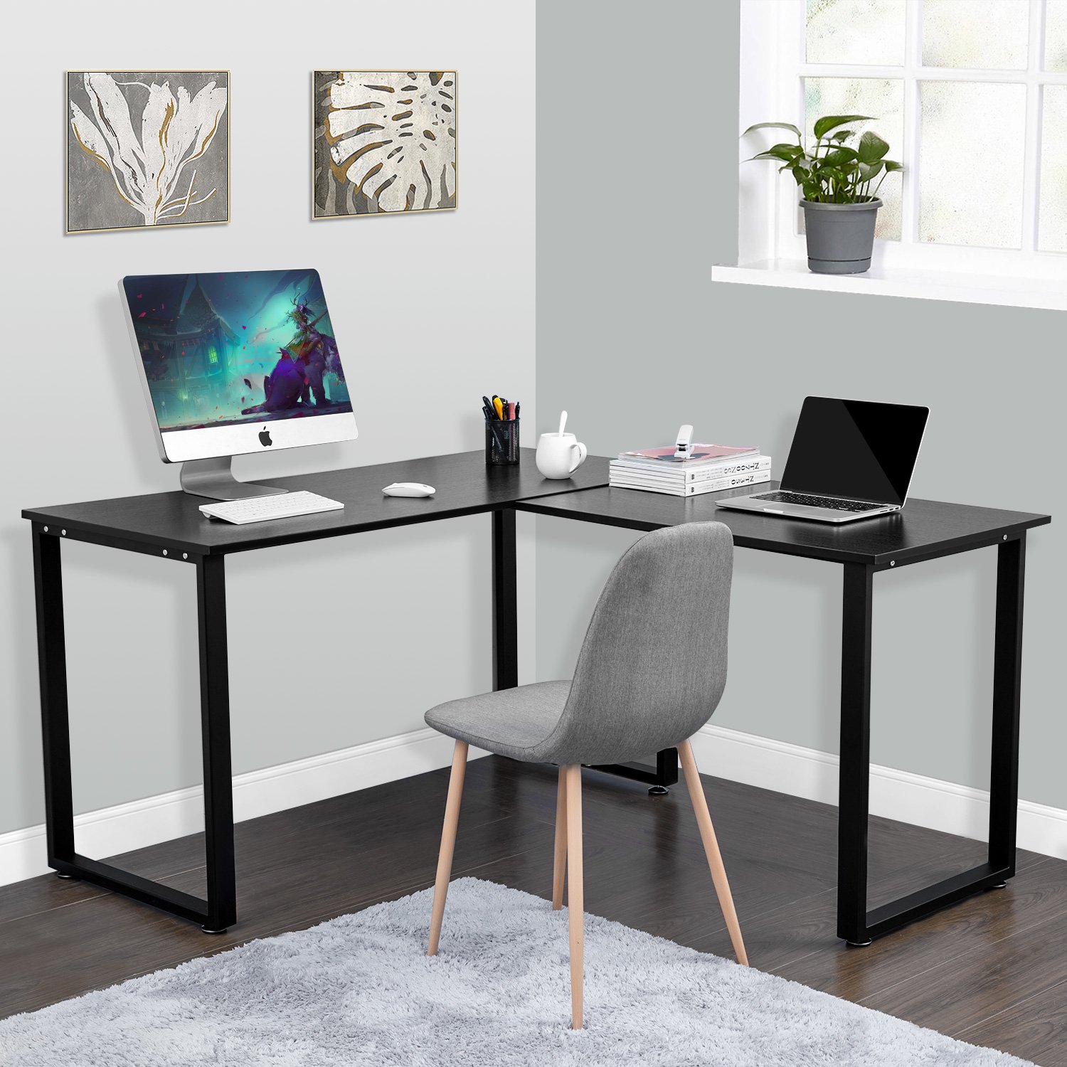 Modern L Shaped Desk Computer Corner Desk - Home Office Study Writing Workstation & Gaming Table with Wood & Steel Frame (Black) - Perfect for Small Spaces, Work from Home, and PC Gaming Setup