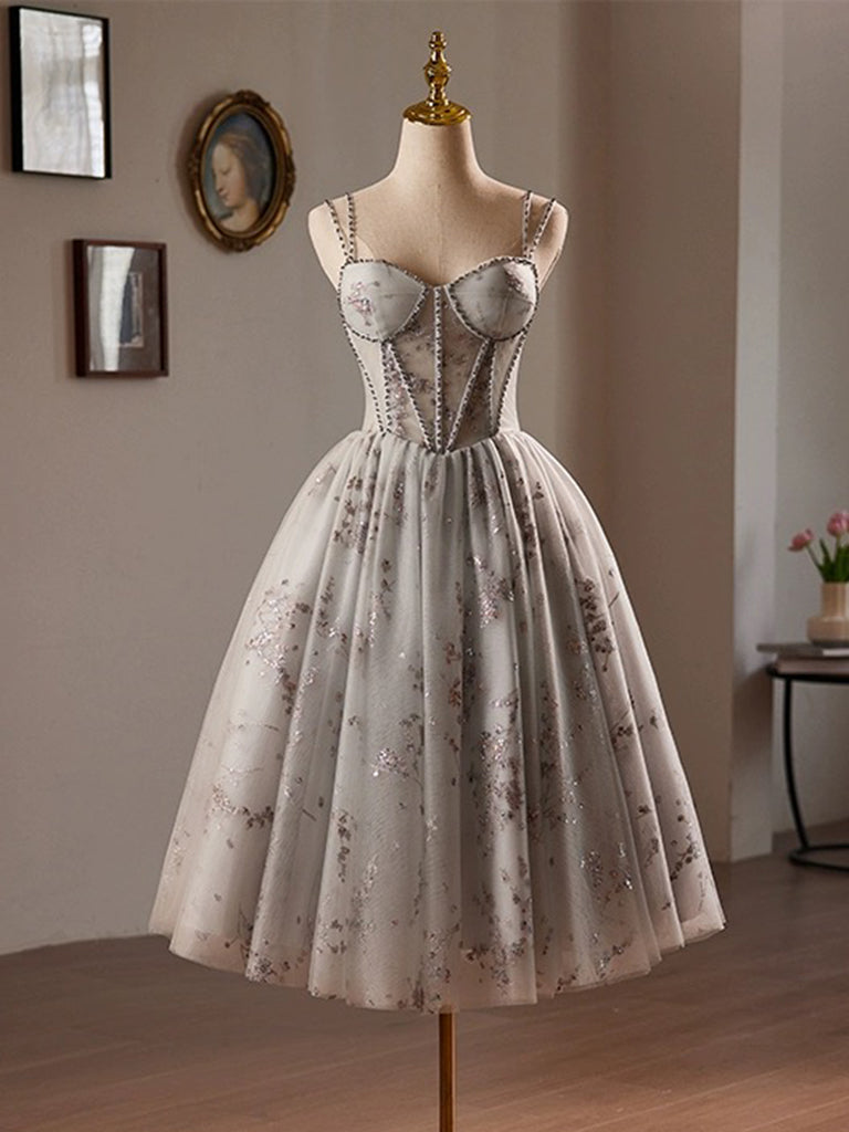 Elegant A-Line Sweetheart Neckline Tulle Sequin Lace Gray Short Prom Dress for Homecoming, Party, and Special Occasions