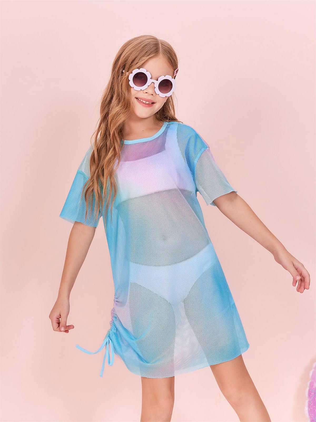 Batermoon Girls Mesh Swim Cover Up - Tie Dye Beach Dress with Drawstring for Kids 5-14 Years | Lightweight Summer Swimwear Coverup for Pool, Beach & Vacation