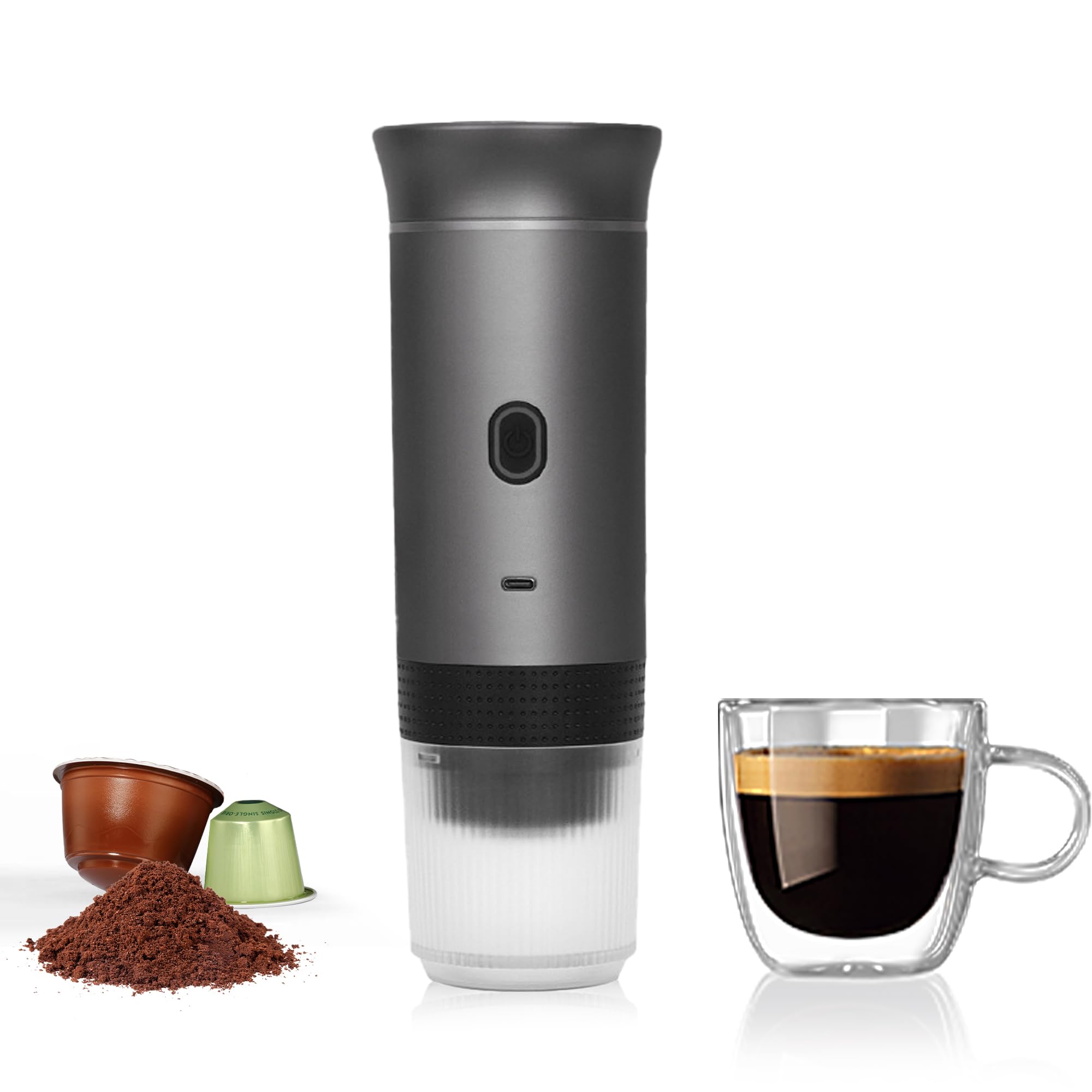 LumoShine Portable Espresso Maker - Mini Self Heating Coffee Machine for Ground Coffee & NS/DG Capsules - Compact Travel Coffee Maker for Camping, Hiking, RV & Outdoor Adventures (Grey) - Perfect for Home, Office & On-the-Go Coffee Lovers