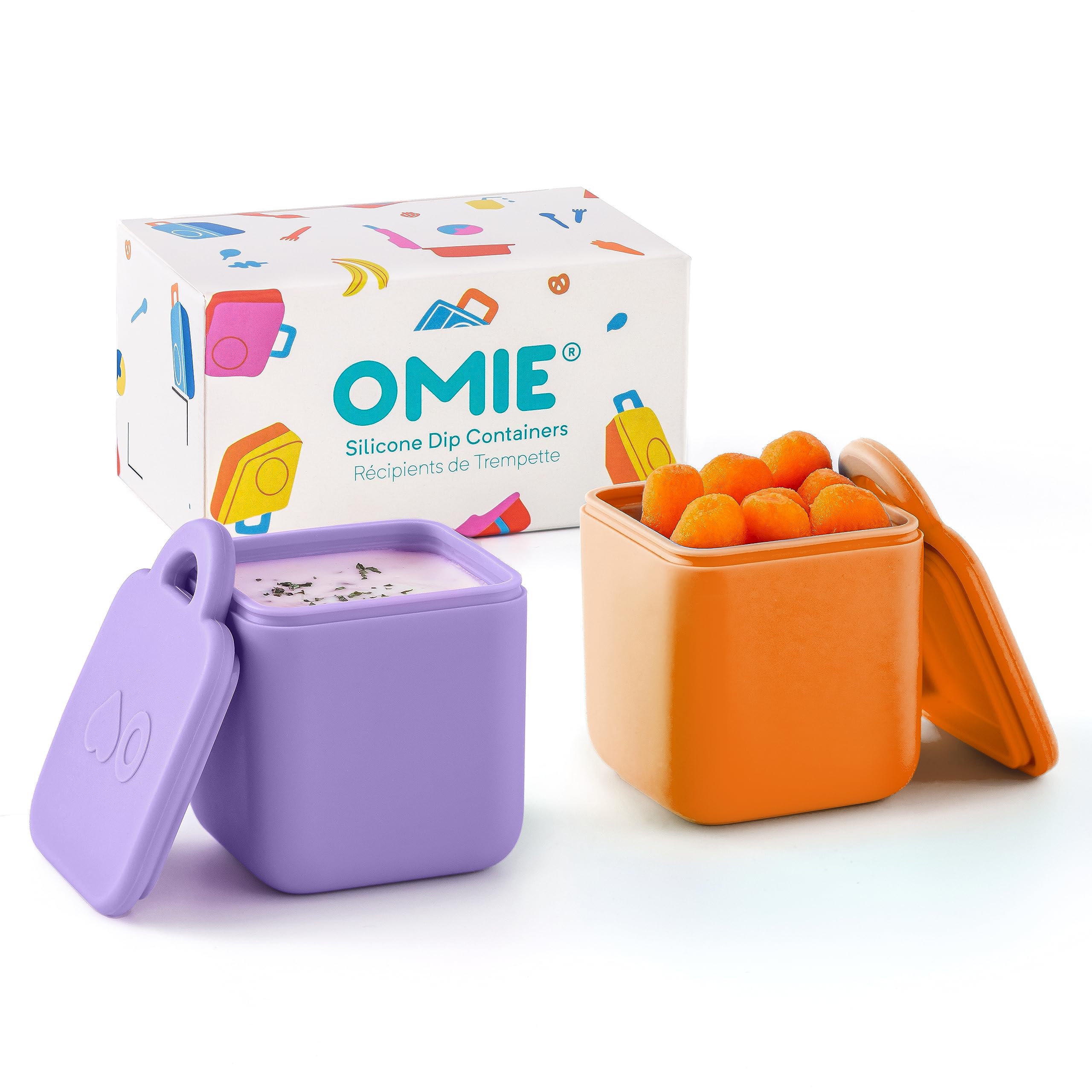 OmieBox Leakproof Dips Containers (2 Pack) - 4oz Salad Dressing & Condiment Storage with Lids - Food Grade Silicone (Purple/Orange) - Perfect for Lunch Boxes, Picnics & On-the-Go Meals