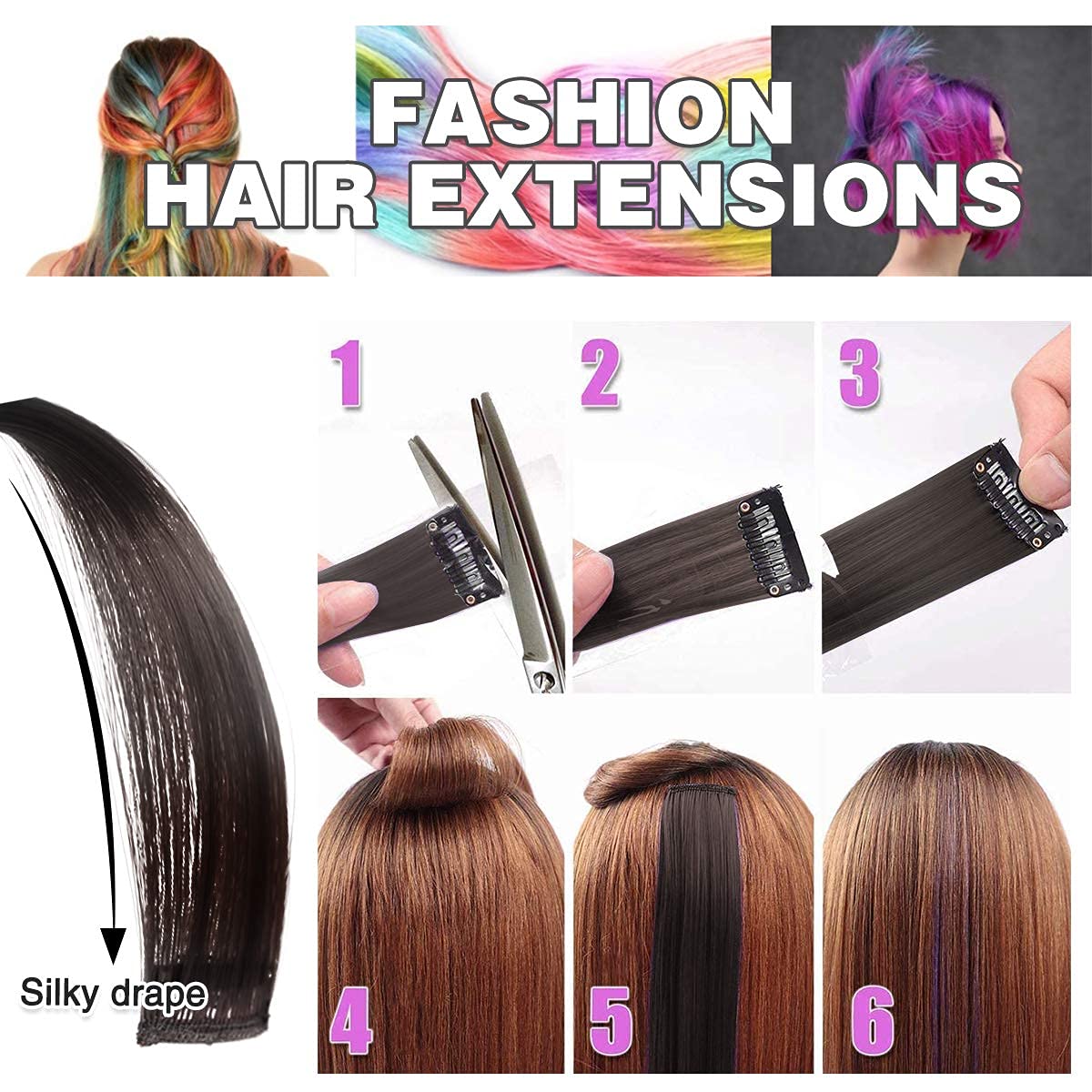 Paradise® 22 Inch Black Clip-in Hair Extensions for Women - 2 Pack Straight Synthetic Hair Wefts with Funky Colored Streaks | Perfect for Parties, Cosplay & Everyday Styling