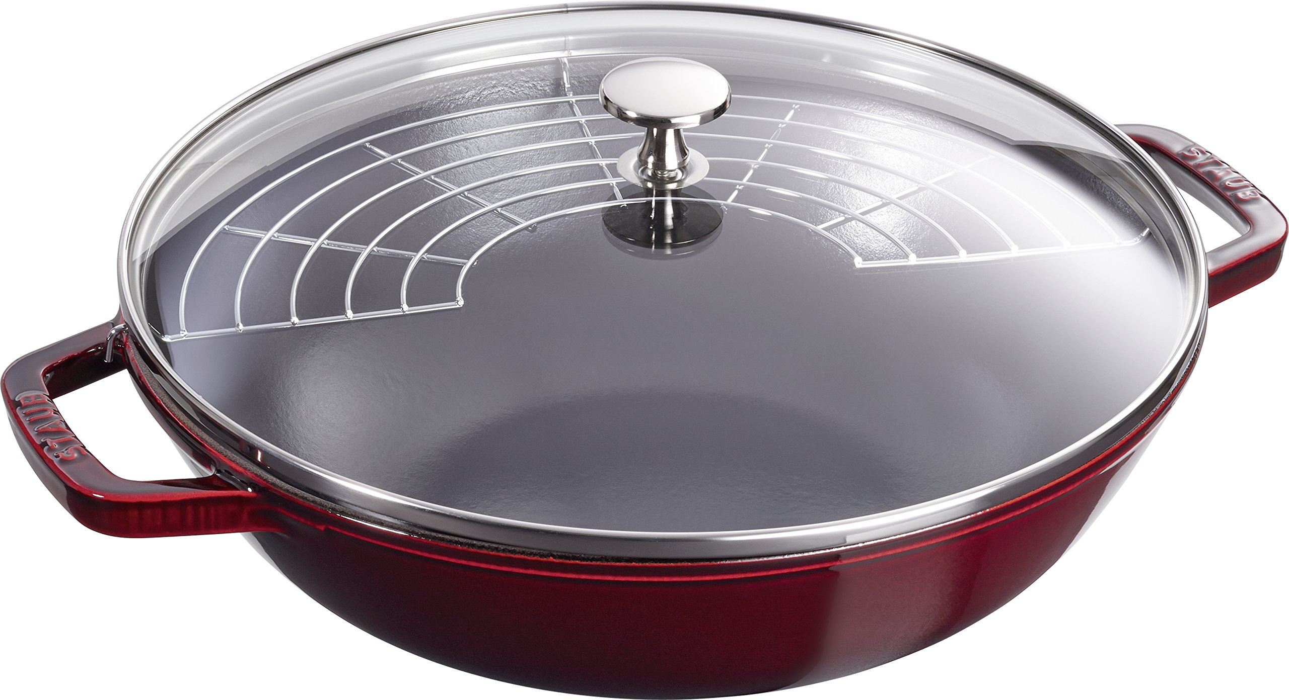 STAUB 30cm Cast Iron Wok with Glass Lid & Removable Grill - 4.4L Grenadine Red - Perfect for Stir-Frying, Deep Frying & Asian Cooking at Home