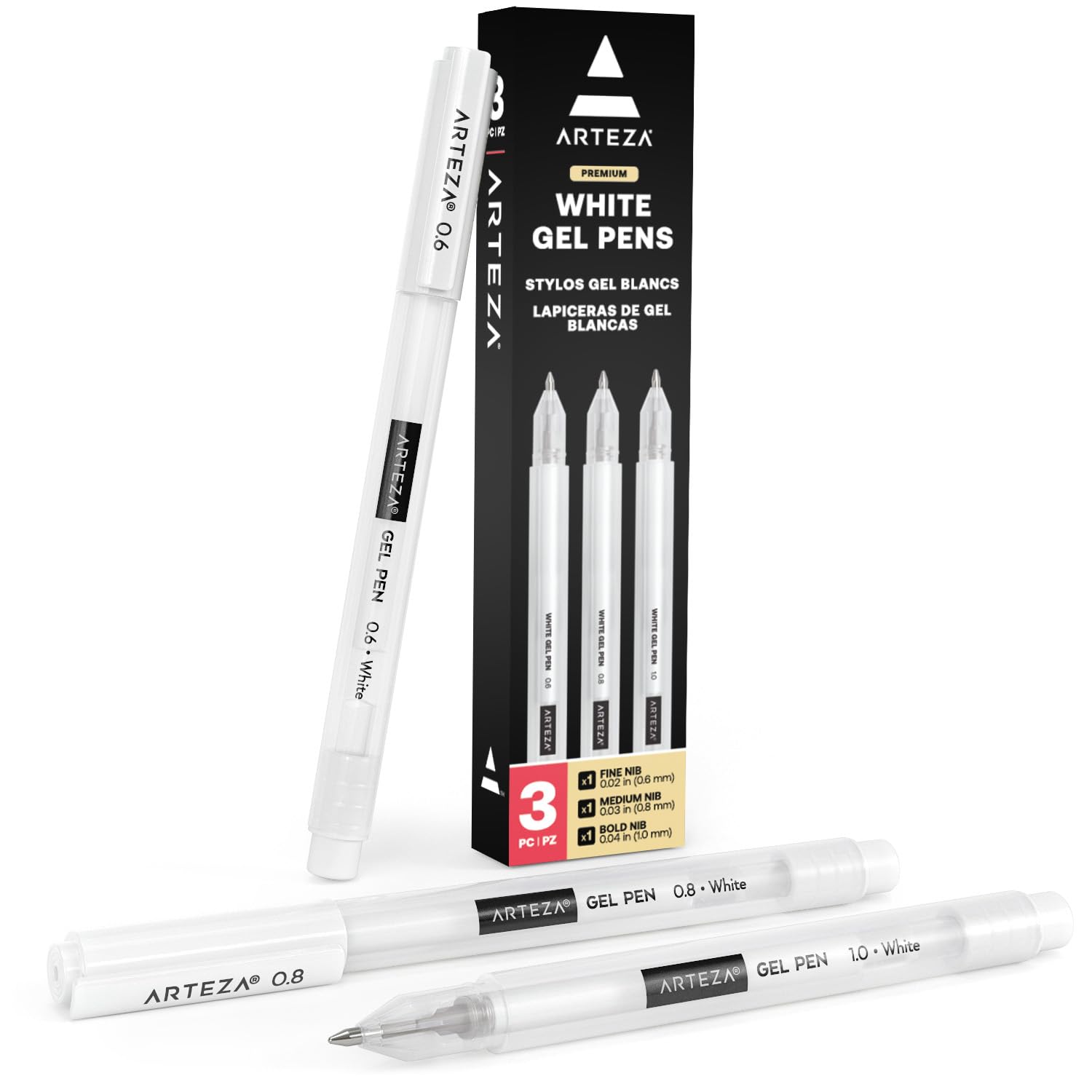 ARTEZA White Gel Pens Set of 3 - Artist Quality White Rollerball Pens for Drawing, Sketching & Calligraphy - Perfect for Dark Paper, Scrapbooking & Bullet Journaling