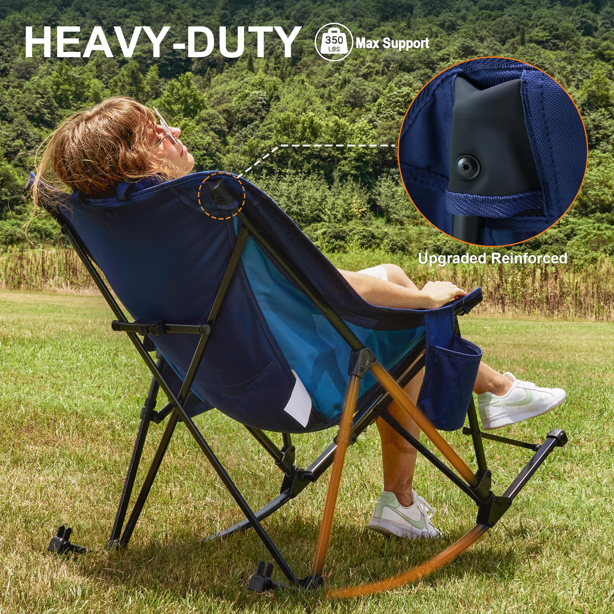 Heavy Duty Oversized Portable Folding Camping Chair with High Back & Side Cup Holders - Blue Outdoor Rocking Chair for Beach, Fishing, Picnic, Concert, Lawn & Travel - Perfect for Relaxing in Backyard, Camping Trips & Outdoor Events