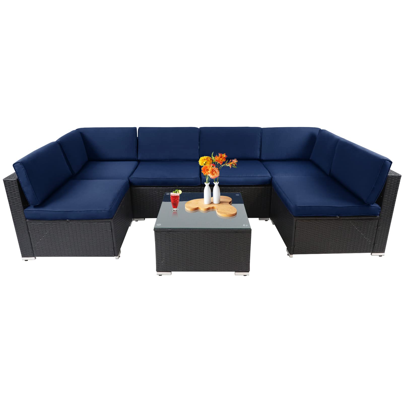 7-Piece Outdoor Patio Furniture Set - Black/Brown Wicker Sectional Sofa with Dark Blue Cushions & Tempered Glass Table - Perfect for Backyard, Garden, Poolside & Patio Relaxation