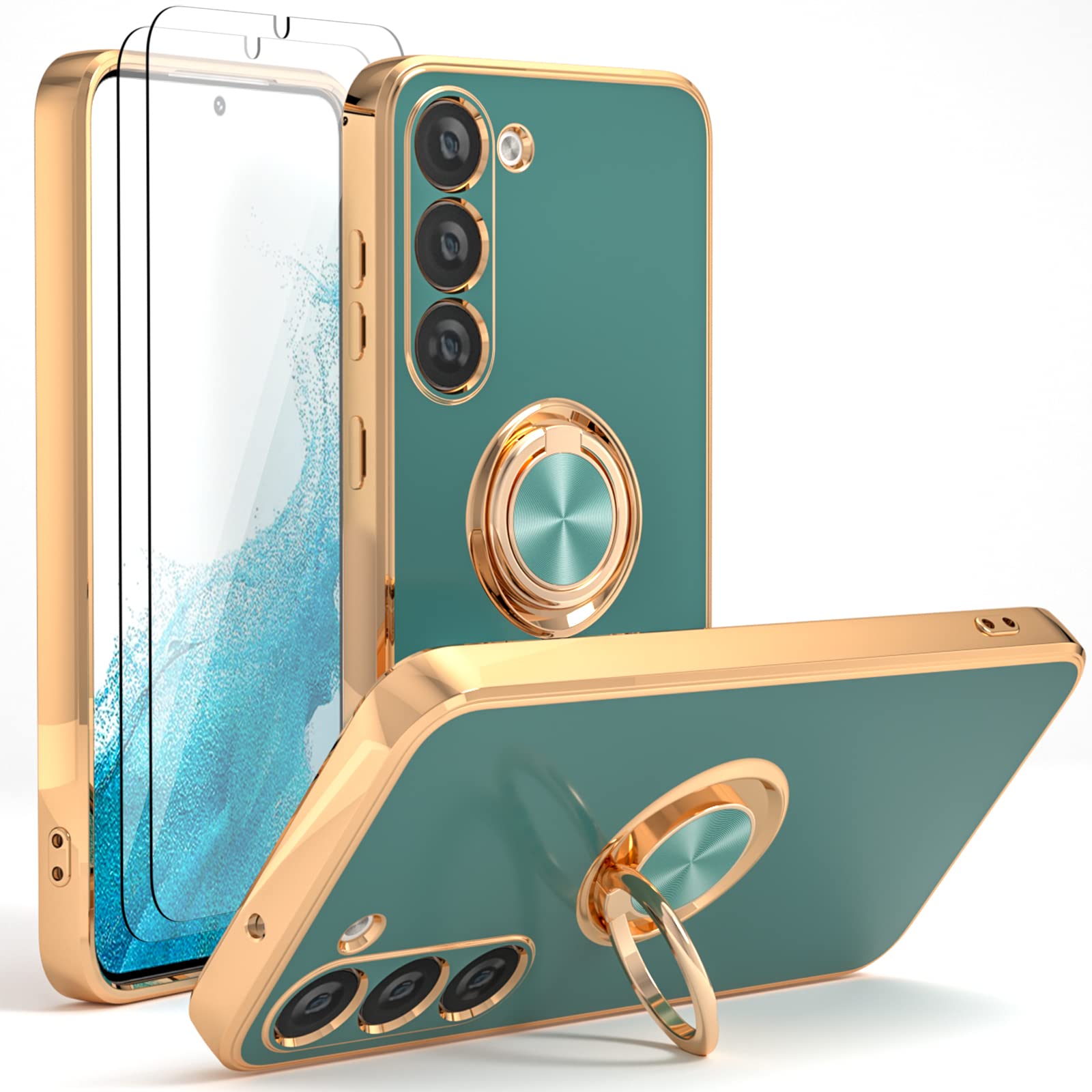 Samsung Galaxy S23 Phone Case with Ring Holder & 360° Kickstand - Rose Gold Edge, Slim Soft TPU Protective Cover + 2 Screen Protectors (Grey) - Perfect for Women's Daily Use, Work & Travel