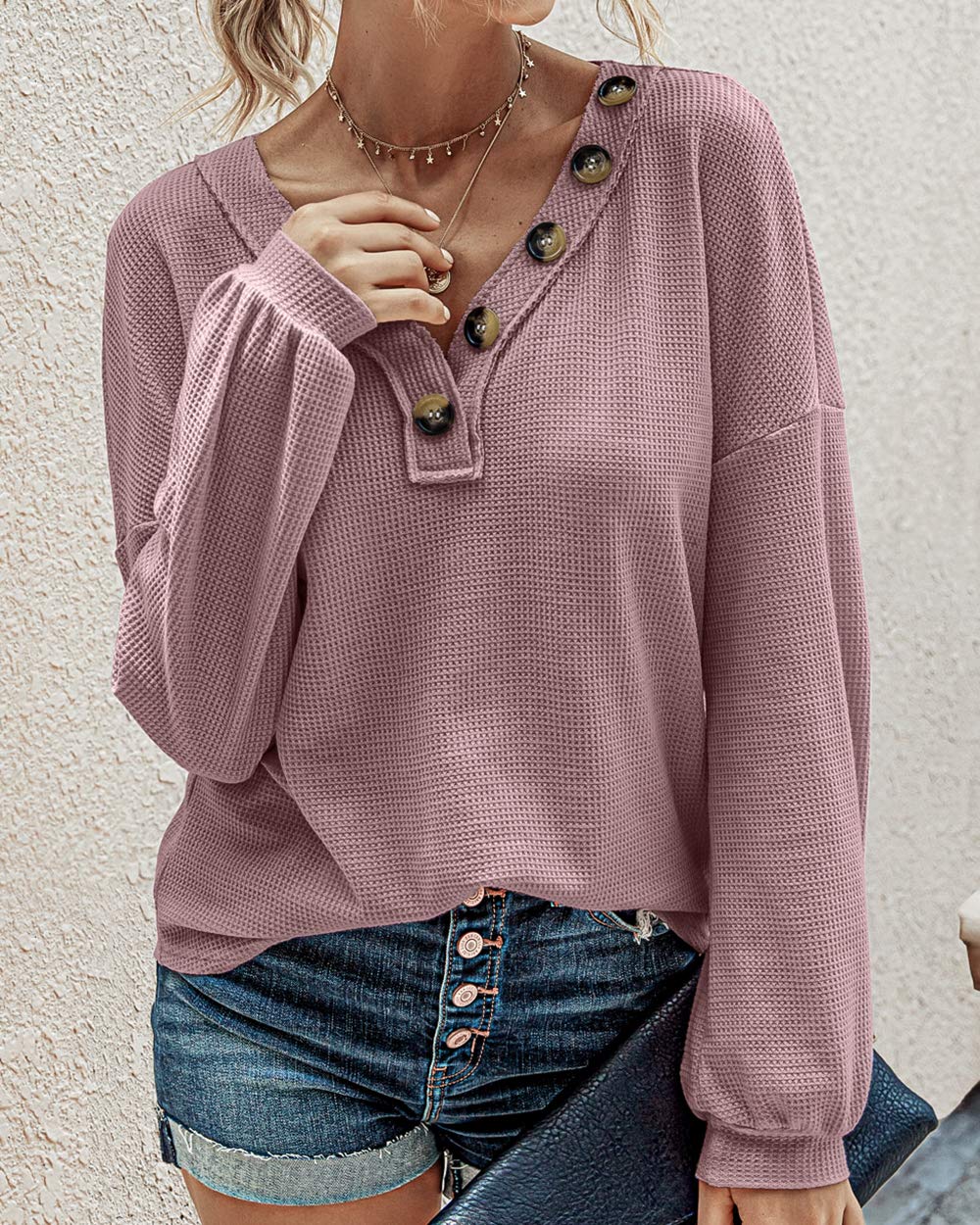 BTFBM Women's Long Sleeve V-Neck Blouse - 2025 Fall Fashion Loose Casual Pullover Top with Deco Buttons & Lightweight Waffle Knit Fabric | Perfect for Work, Date Night & Autumn Layering