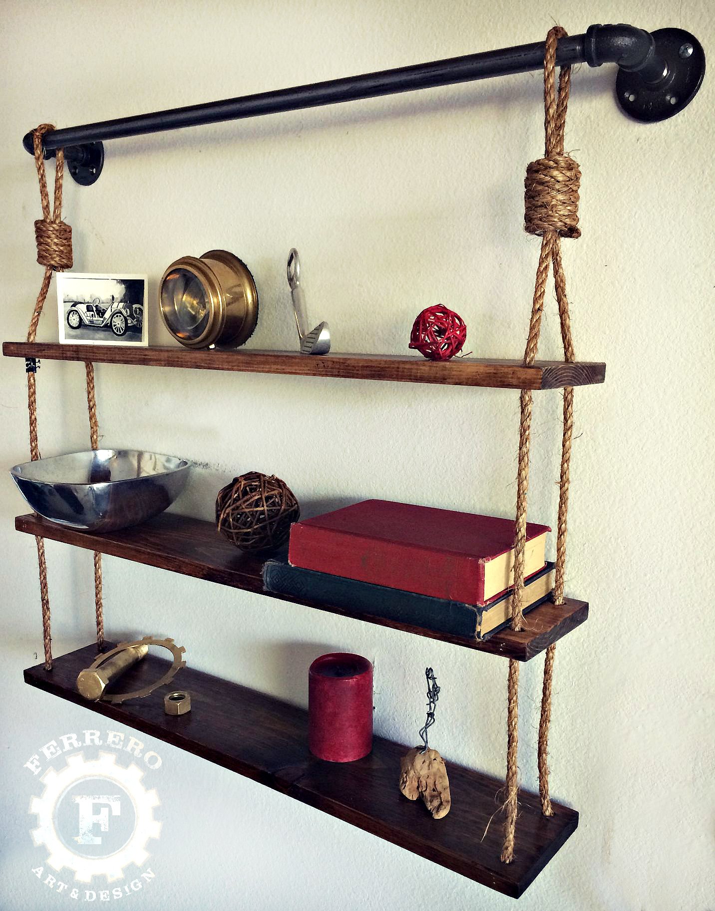 Rustic Hanging Pipe Shelf - Wooden Wall Mounted Bookshelf for Bathroom, Kitchen & Living Room Decor | Farmhouse Style Storage Organizer for Books, Plants & Home Essentials