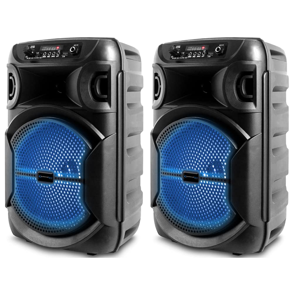 Technical Pro 8 Inch 800W Portable Bluetooth Speaker with Woofer & Tweeter - Wireless PA System with LED Lights, USB/SD Card Reader & TWS Pairing for Outdoor Parties, Festivals & Home Entertainment