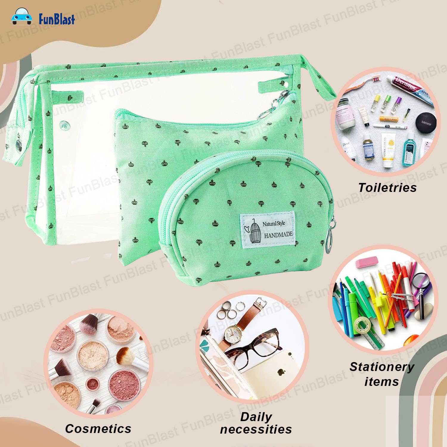 FunBlast 3-Pack Waterproof Cosmetic Makeup Bags for Women - Zippered Travel Toiletry Organizer, Portable Vanity Pouch for Makeup Brushes, Jewelry & Essentials - Perfect for Travel, Gym, Beach & Daily Use (Green)