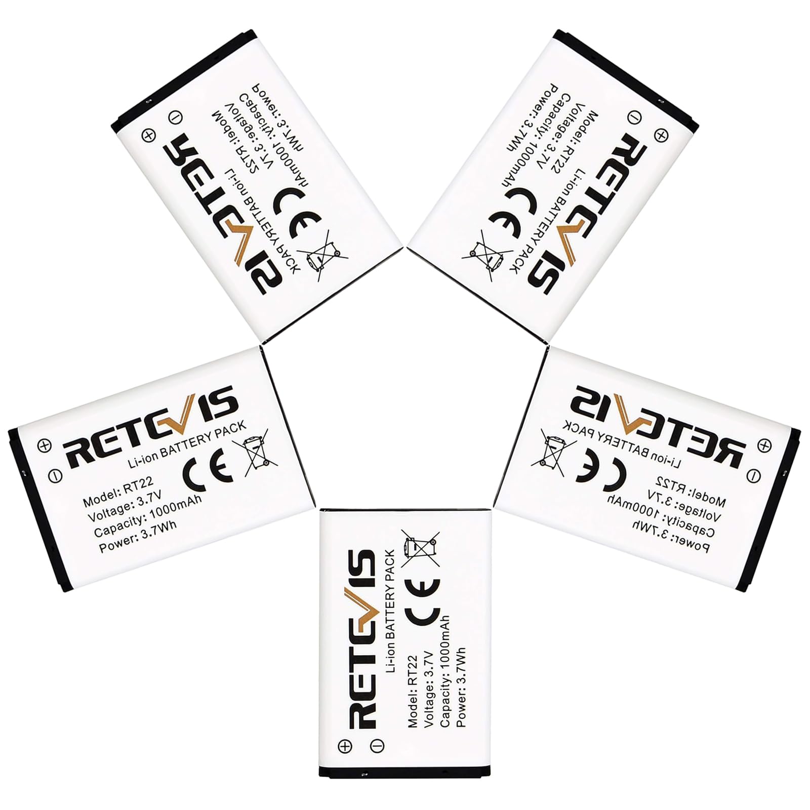 Original Retevis RT22 RT22S RT15 RT19 Walkie Talkies Replacement Battery - 3.7V 1000mAh Li-ion Battery Pack (5 Pack) Compatible with RT22/RT22S/RT15/RT19/WLN/KD-C1 Two-Way Radios - Perfect for Outdoor Adventures, Construction Sites & Emergency Communication
