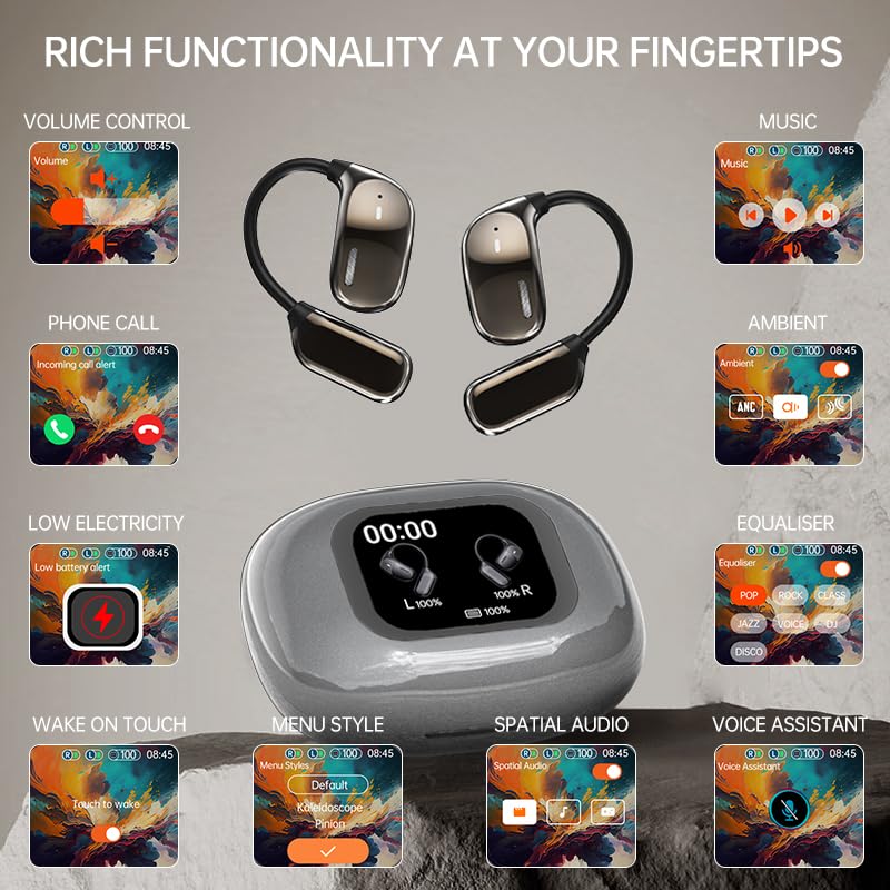 Wireless Open-Ear Bluetooth Earbuds with Touch Screen LCD & Microphone - Bluetooth 5.4 for iOS/Android - Perfect for Running, Cycling & Outdoor Activities