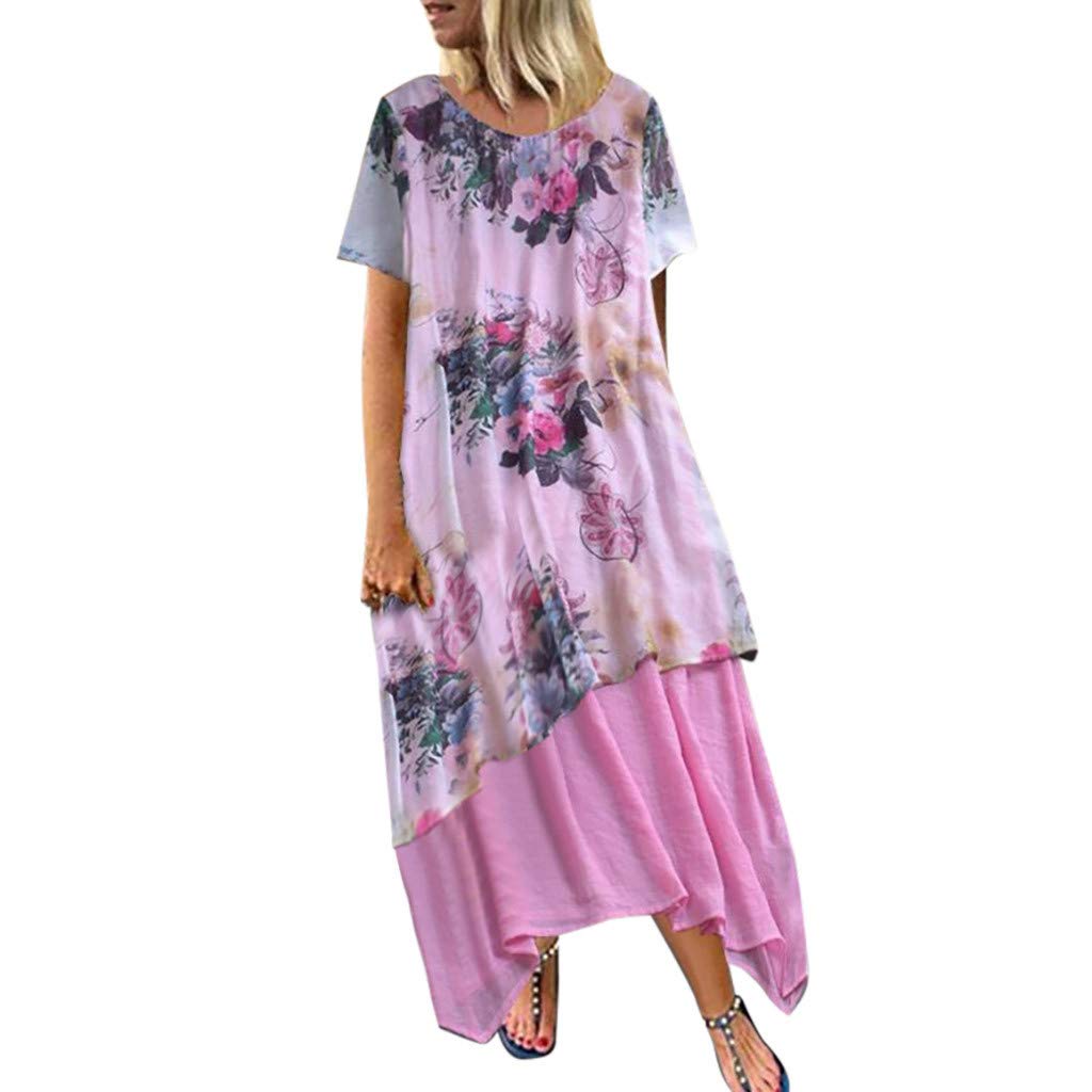 Vintage Floral Print Denim Dress for Women - O-Neck Short Sleeve Asymmetrical Patch Dress | Casual Summer Outfit, Beach Wear & Boho Style Fashion