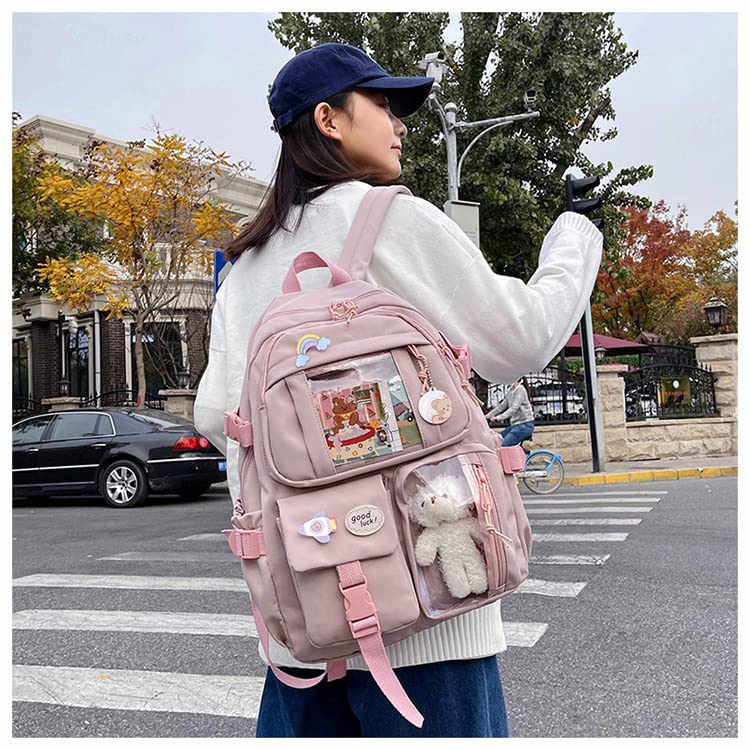 Preppy Kawaii Backpack for Girls with Pin & Accessories - School & Travel (Red)