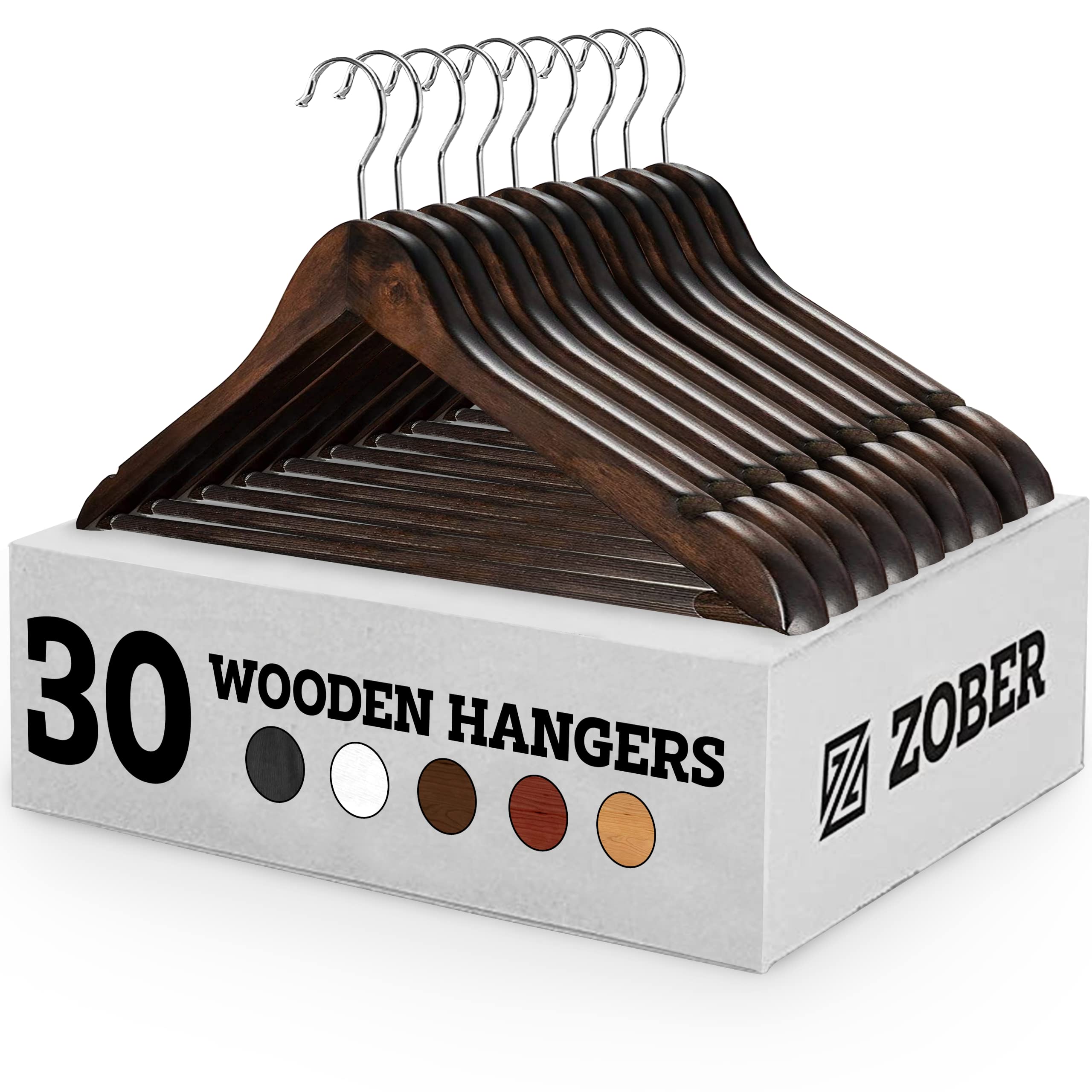 ZOBER 30 Pack Heavy Duty Non-Slip Wooden Clothes Hangers for Coats, Jackets, Suits & Pants - Sturdy Closet Hangers with Bar & Notches - Perfect for Wardrobe Organization & Space Saving