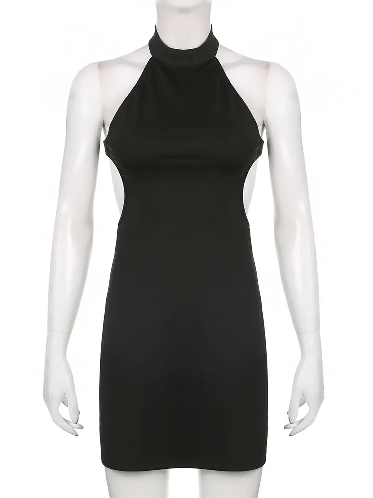 Elegant Backless Halter Neck Black Mini Dress - Summer Sleeveless Solid Tank Sundress for Women | Perfect for Beach Parties, Date Nights & Casual Outings