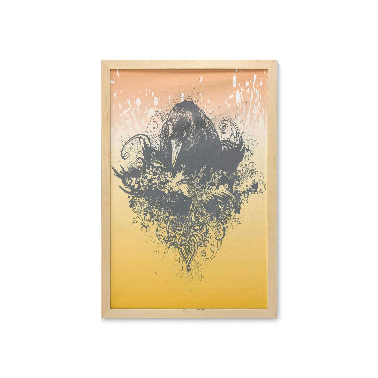 Ambesonne Black Halloween Wall Art with Frame - Wicked Crow & Ornate Flowers Print, 23
