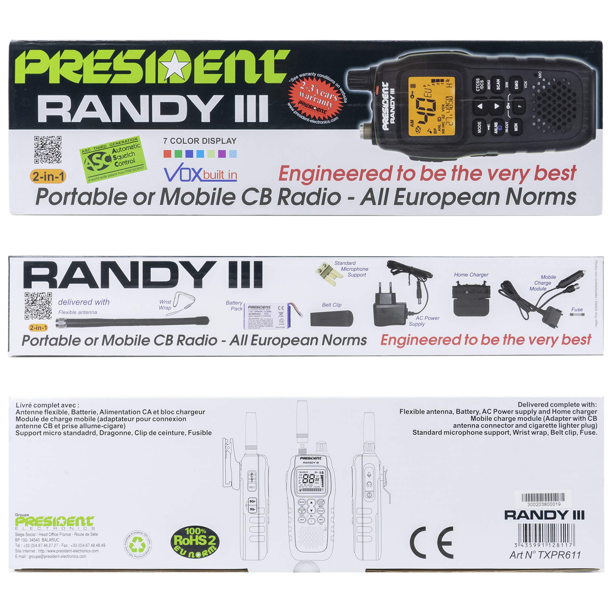 President Randy-III AM/FM Walkie Talkie CB Radio with 1800mAh Lithium Battery - Long Range Two-Way Communication for Outdoor Adventures, Camping, and Emergency Preparedness
