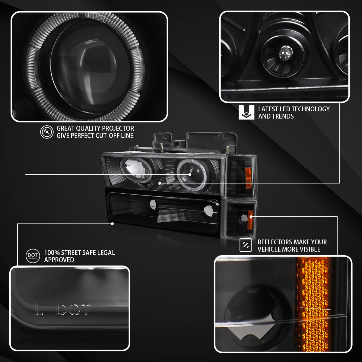 AUTOZENSATION LED Halo Black Projector Headlights & Bumper Lights Compatible with 1994-1998 GMC C/K C10, Sierra, Yukon, Suburban - Left & Right Pair Headlamp Assembly - Upgrade for Off-Road & Night Driving