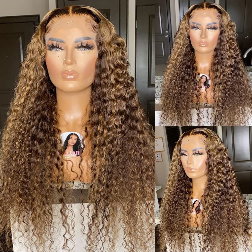 CYNOSURE 13x5 Curly Honey Blonde Ombre Highlight HD Lace Front Human Hair Wig for Women - Invisible Pre-Plucked 18 Inch - Perfect for Daily Wear, Parties & Special Occasions