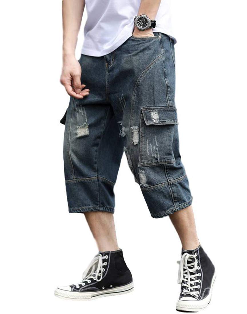 Men's Loose-Fit Ripped Distressed Hip Hop Capri Jeans Baggy Denim Cargo Shorts - Streetwear Fashion for Casual Wear, Summer Outfits & Hip Hop Style