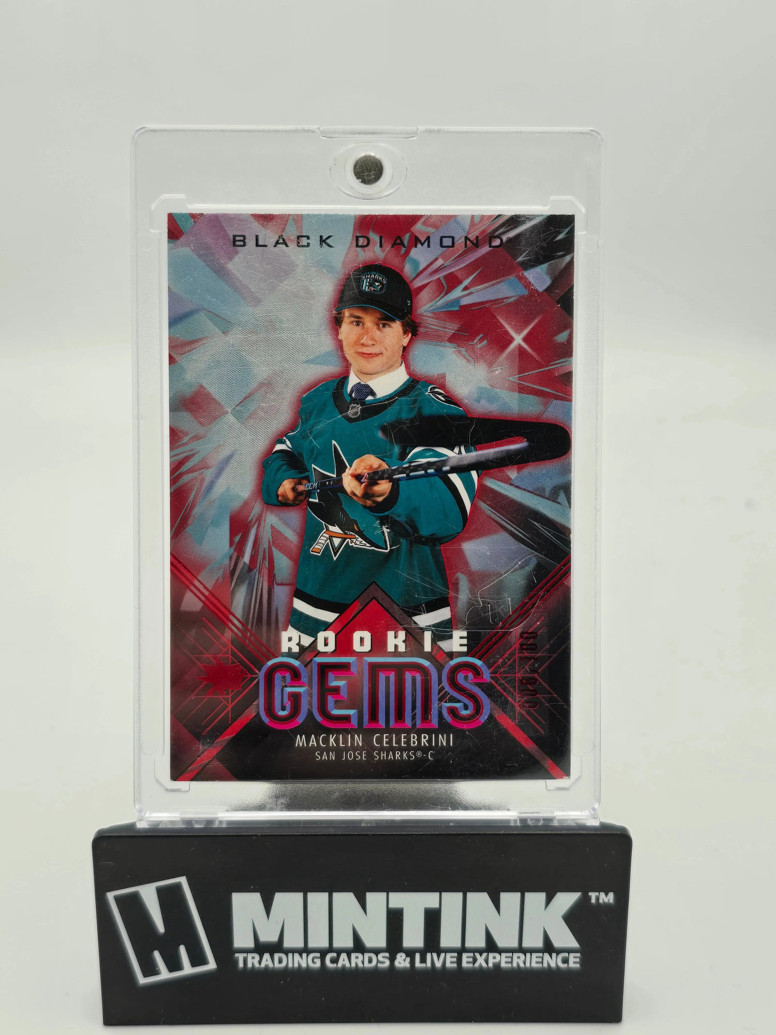 2024-25 Upper Deck Black Diamond Hockey Macklin Celebrini RC Rookie Gems Ruby Parallel /100 - Collectible Trading Card for NHL Fans & Sports Memorabilia Enthusiasts