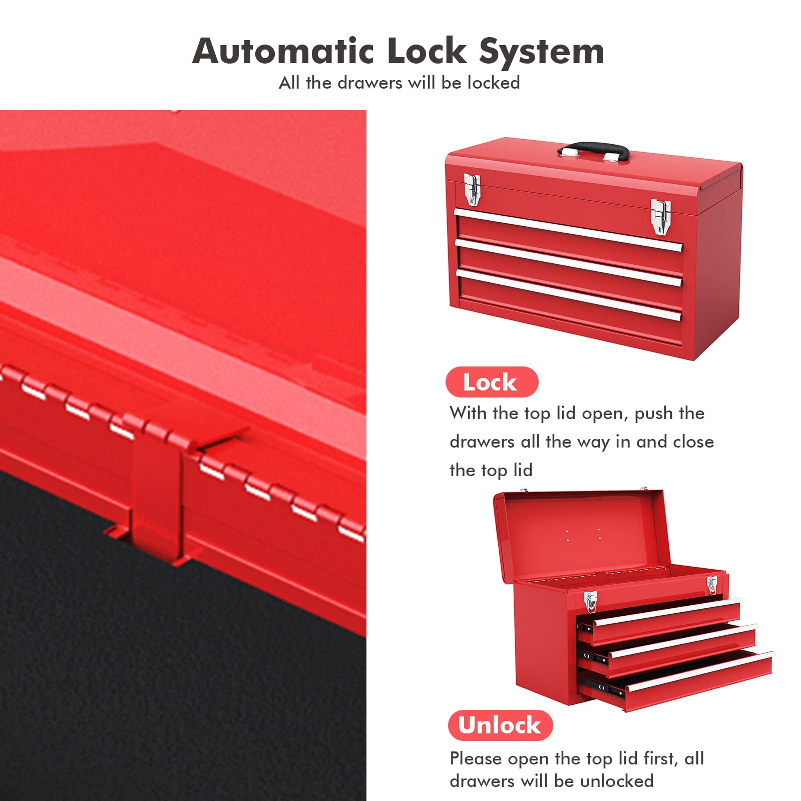 IRONMAX Lockable Steel Tool Chest with 3 Drawers & Top Tray - Heavy Duty Portable Tool Box for Home, Garage, Workshop & Job Site - Secure Storage for Tools & Equipment (Red)