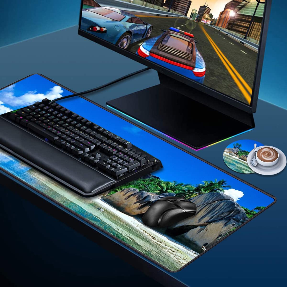XXL Gaming Mouse Pad 31.5x11.8 Inches - Non-Slip Desk Mat with Stitched Edges & Built-in Coasters for PC, Laptop, Office Work and Home Gaming - Perfect for Gamers, Programmers and Professionals (Beaches Scene France Seychelles Design)