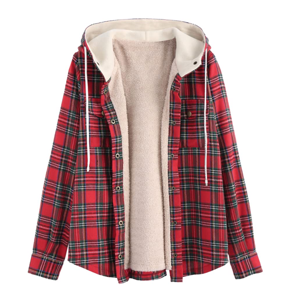 ZAFUL Women's Plaid Hooded Fleece Jacket - Winter Warm Fluffy Lined Coat with Button Closure & Pockets | Outdoor Casual Wear for Cold Weather