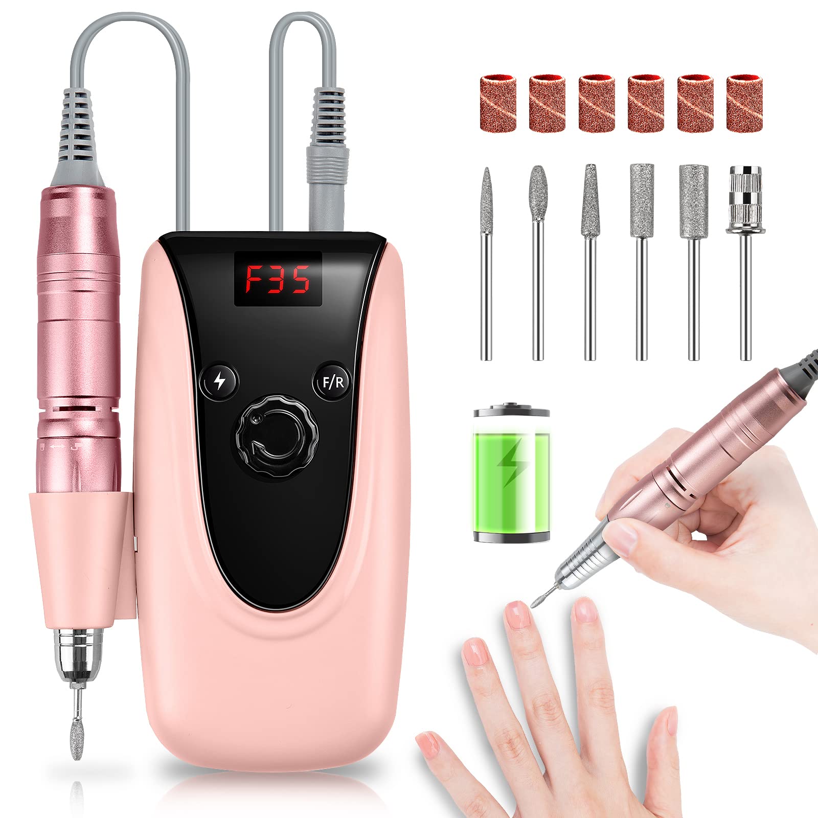 Professional 35000 RPM Rechargeable Nail Drill Machine Kit with 7pcs Ceramic Bits - Perfect for Acrylic, Gel Nails & DIY Manicures at Home or Salon