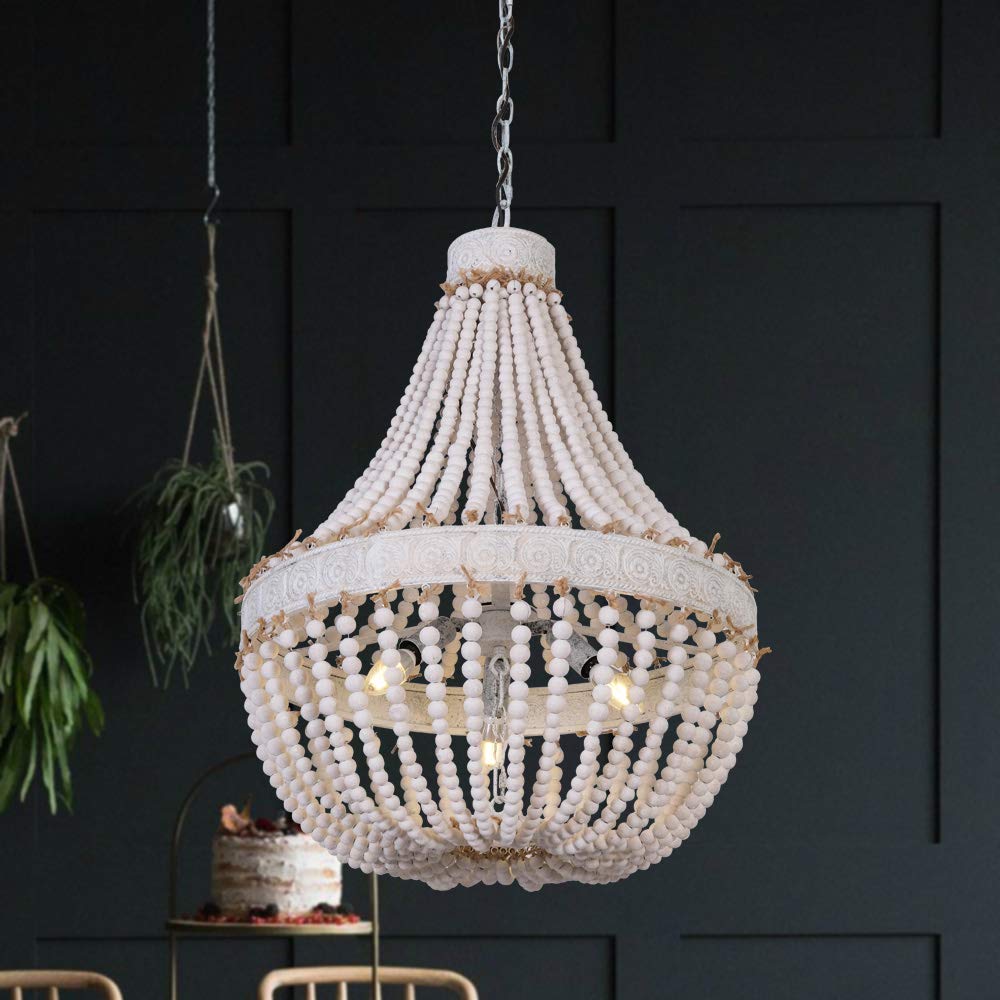 Modern Rustic Wood Bead Chandelier - 3-Light Farmhouse Pendant Lighting Fixture with Wooden Beads for Dining Room, Kitchen, Bedroom & Foyer | D17.7