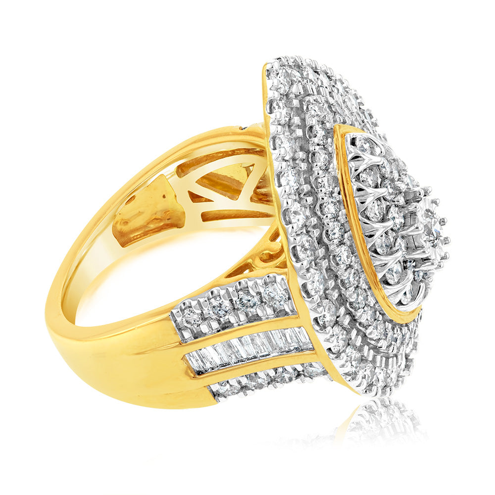 9ct Yellow Gold 2 Carat Diamond Ring with Brilliant & Tapered Baguette Diamonds - Elegant Engagement, Wedding & Anniversary Jewelry Gift for Women