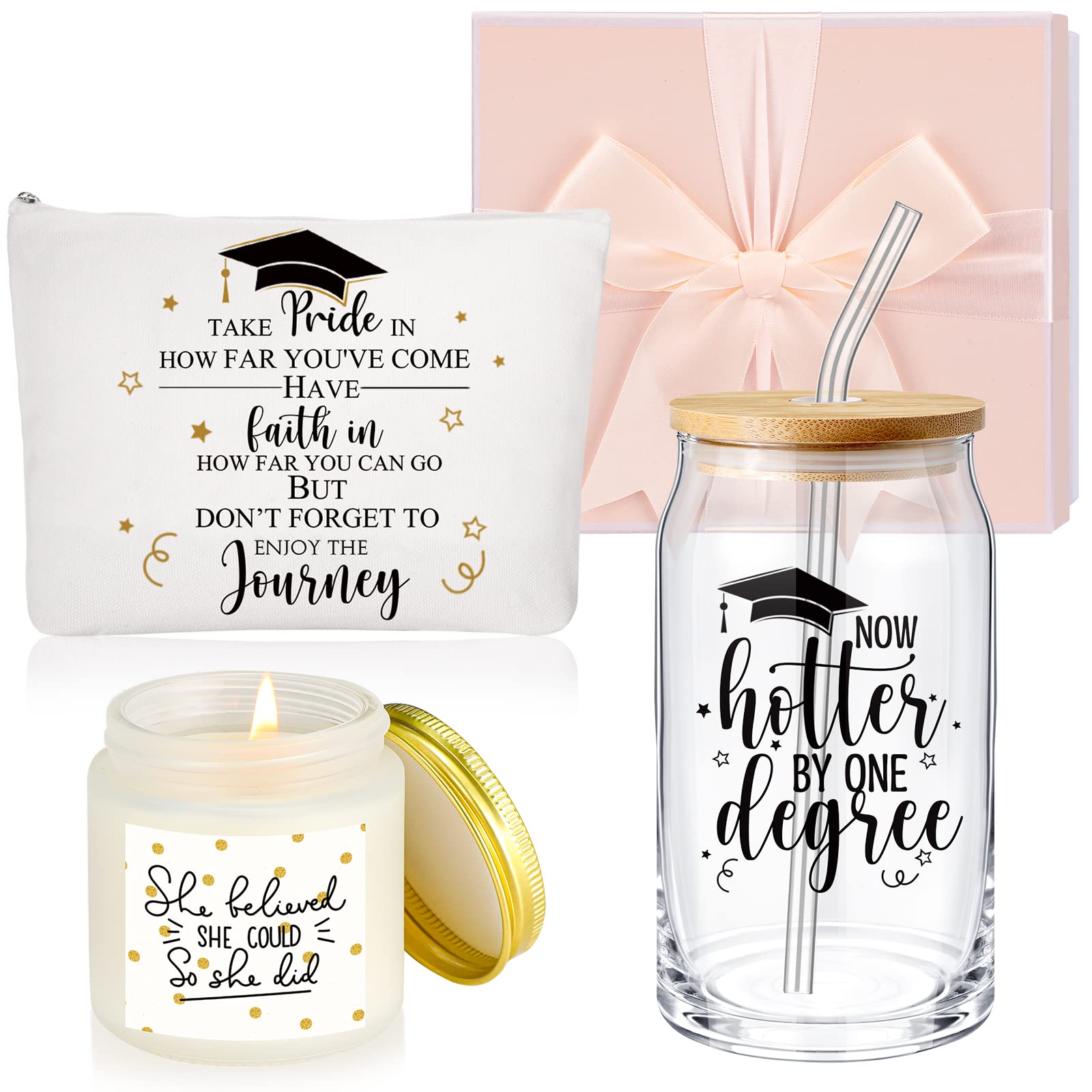 2025 Graduation Gifts for Women - Set of 4 Inspirational Glass Cups & Rainbow Makeup Bag - Perfect Graduation Gift Set for Female Students & Friends - Great for College Dorms, Office Decor & Daily Use