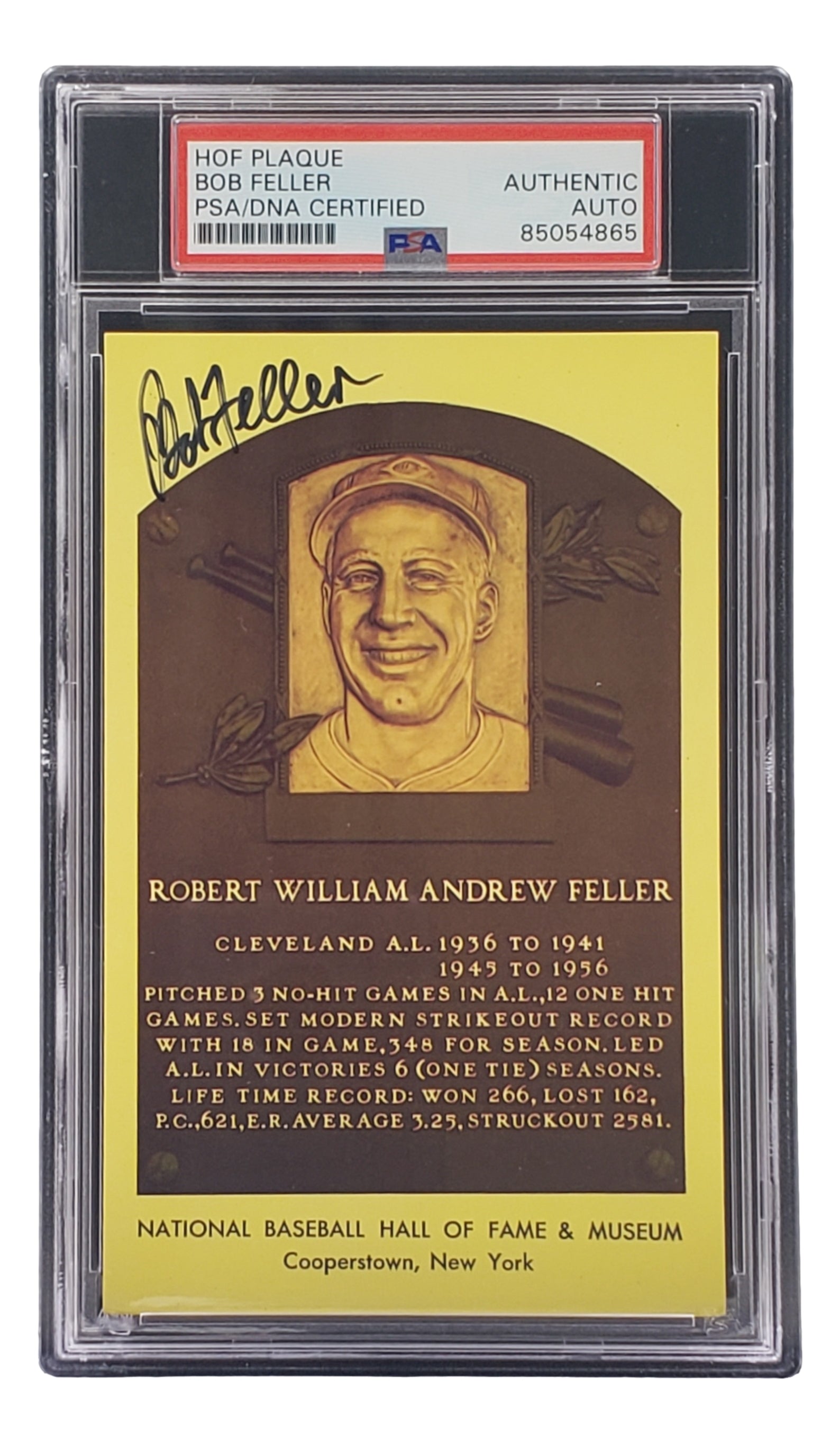 Bob Feller Autographed 4x6 Cleveland Indians Hall of Fame Plaque Card with PSA/DNA Certification #85054865 - Perfect for Baseball Memorabilia Collections and Sports Fan Gifts