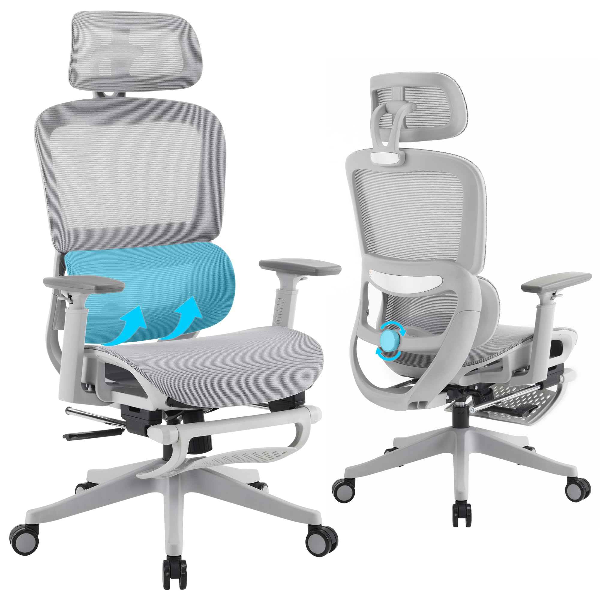 Ergonomic Office Chair - High Back Gaming Chair with Footrest, Big and Tall Home Desk Chair, Adjustable Lumbar Support & Headrest, 3D Armrests, Breathable Mesh Computer Chair (White) - Perfect for Home Office, Gaming, and Long Work Sessions